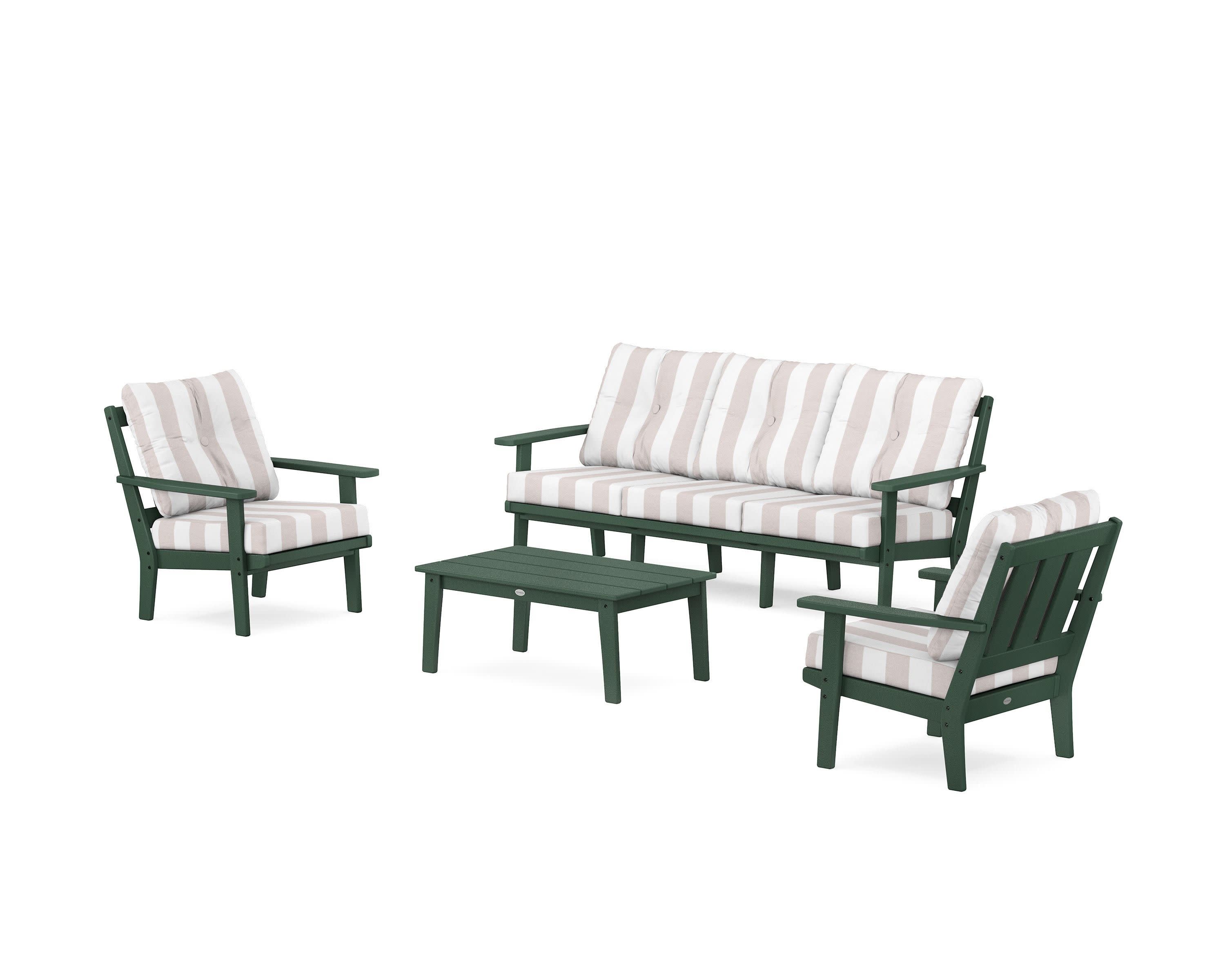 Oxford 4-Piece Deep Seating Set with Sofa in Green / Cabana Stripe Dune Burlap