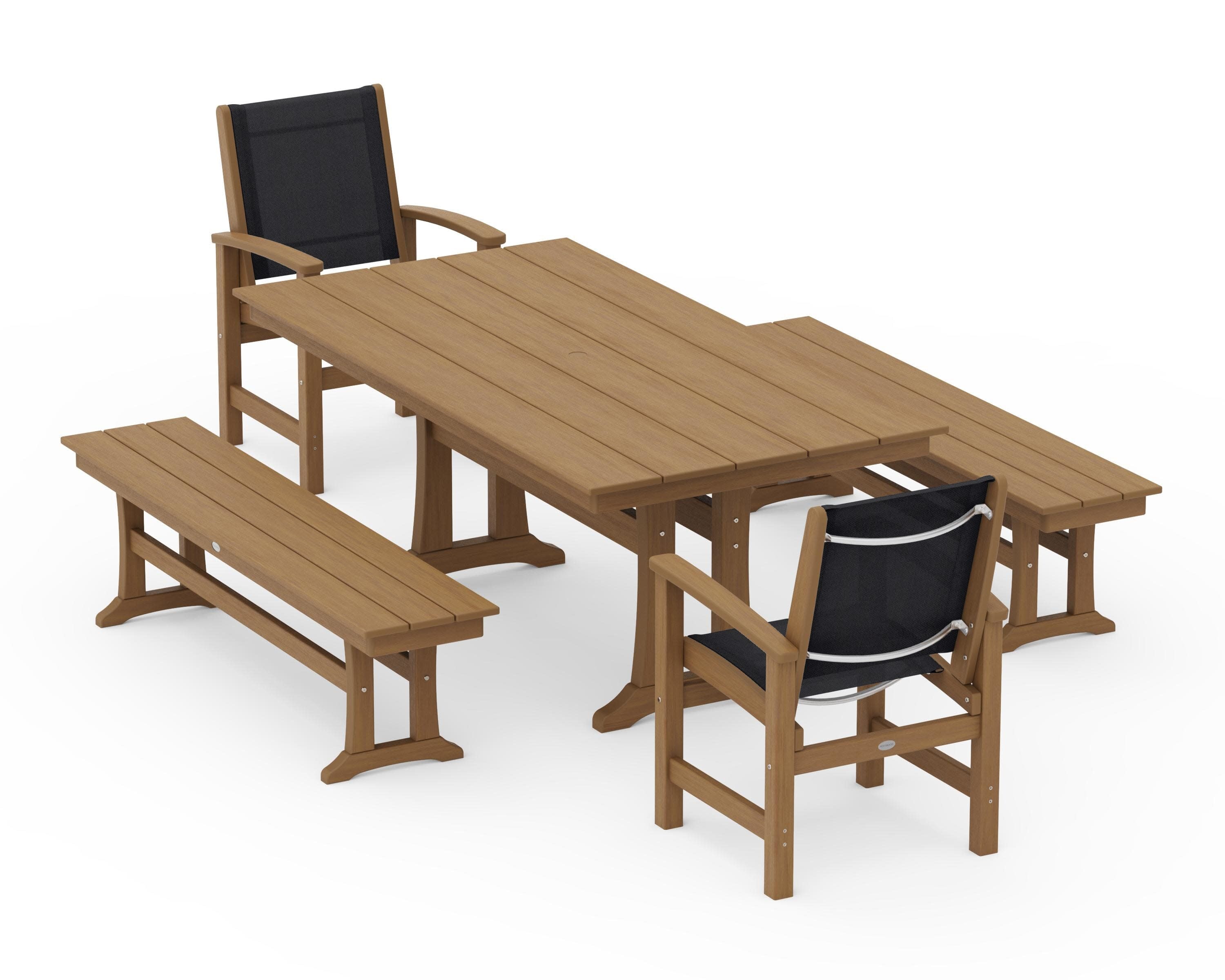 Coastal 5-Piece Farmhouse Dining Set with Trestle Legs and Benches in Natural / Black Sling