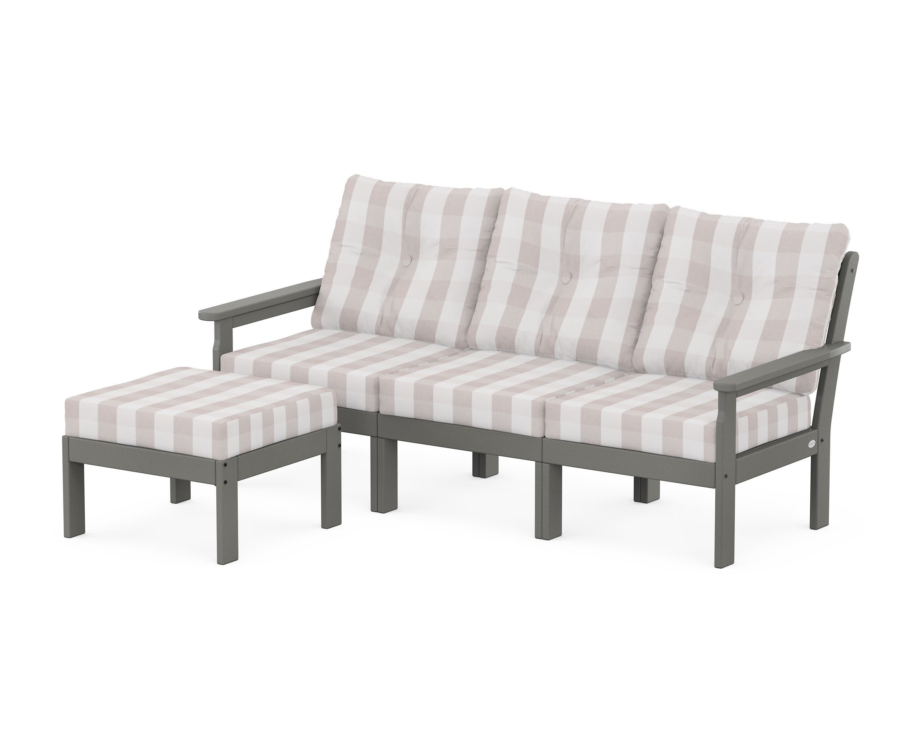 Vineyard 4-Piece Sectional with Ottoman in Slate Grey / Buffalo Plaid Dune Burlap