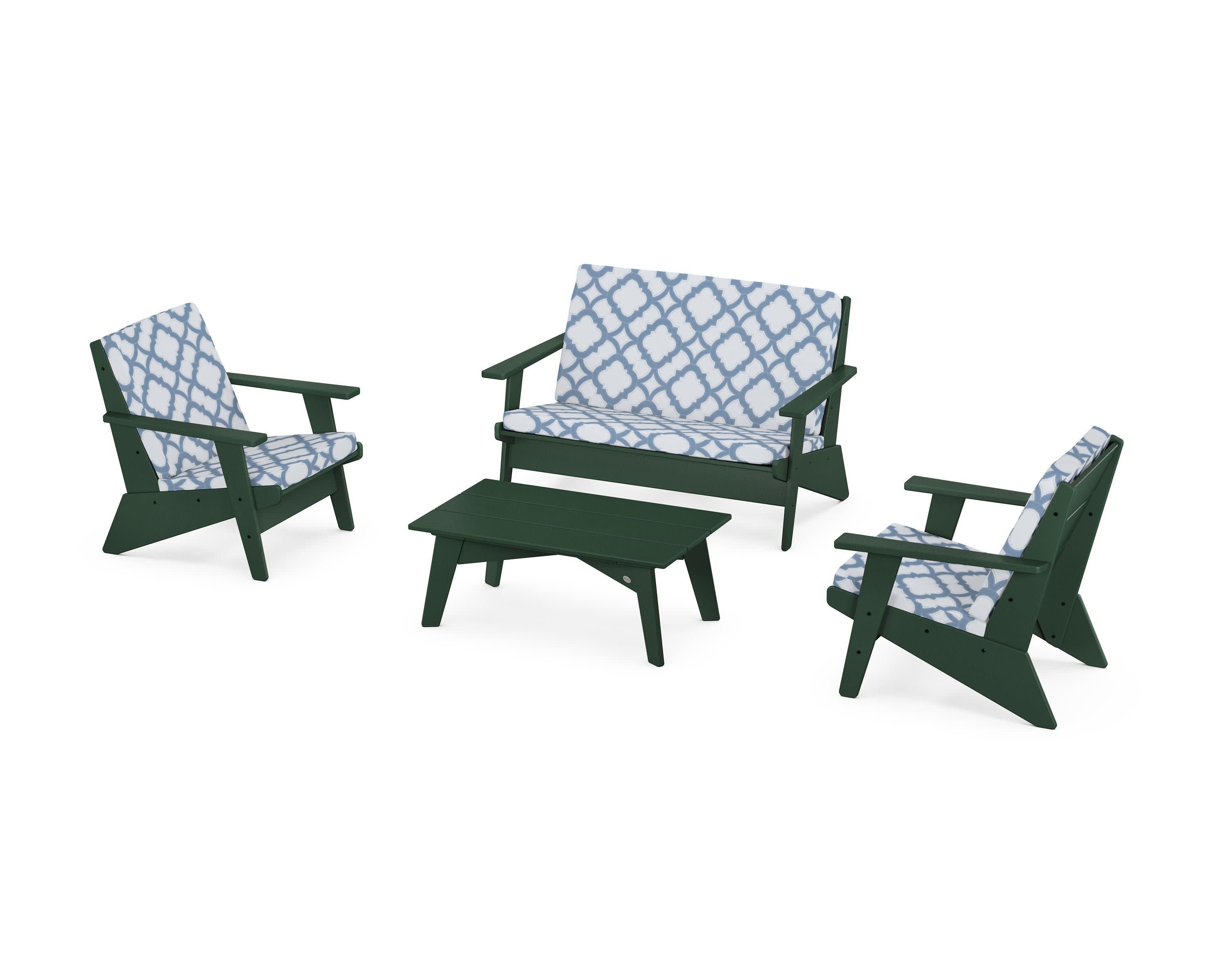 Riviera Modern Lounge 4-Piece Set in Green / Trellis Sky Blue