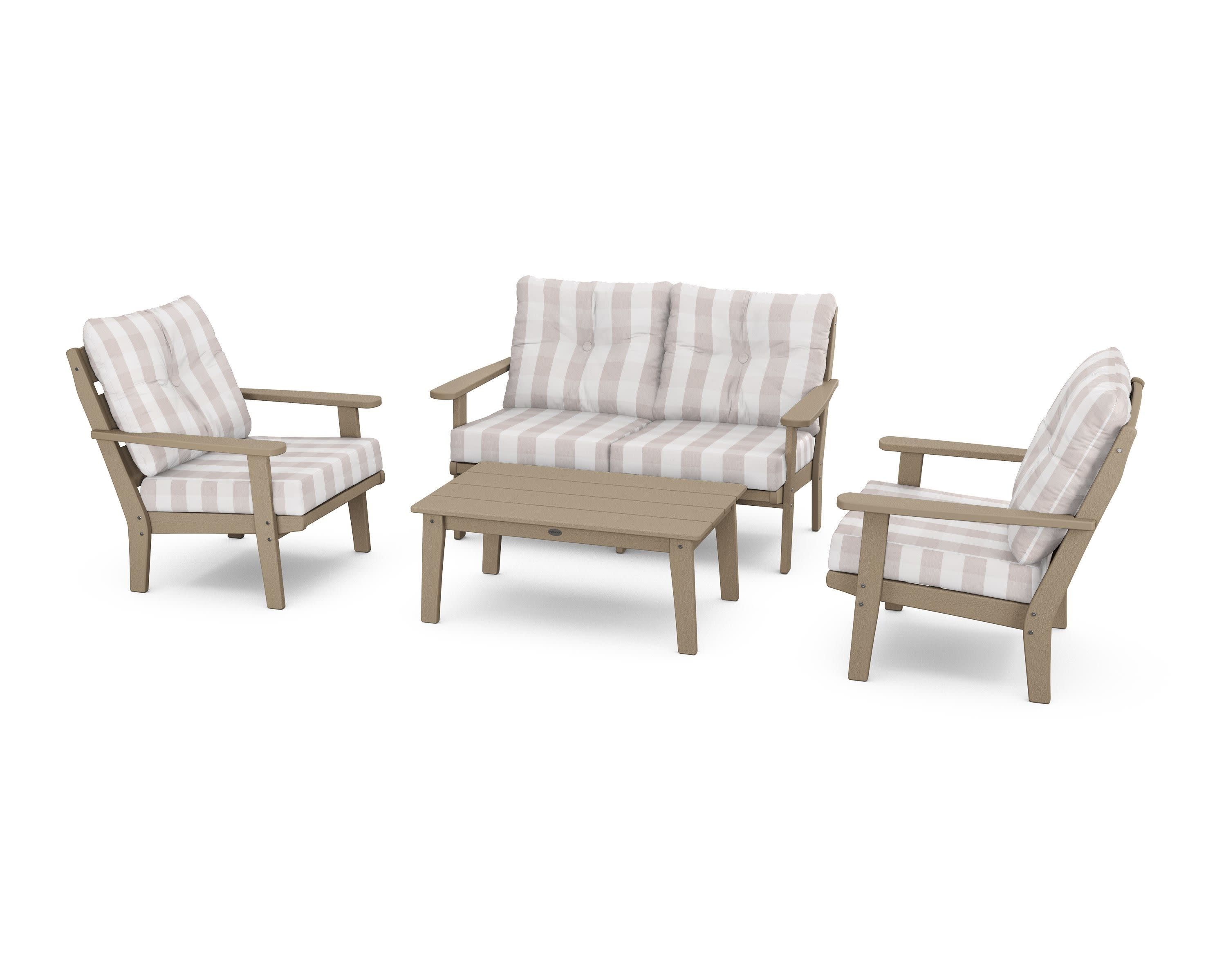 Lakeside 4-Piece Deep Seating Set in Vintage Sahara / Buffalo Plaid Dune Burlap