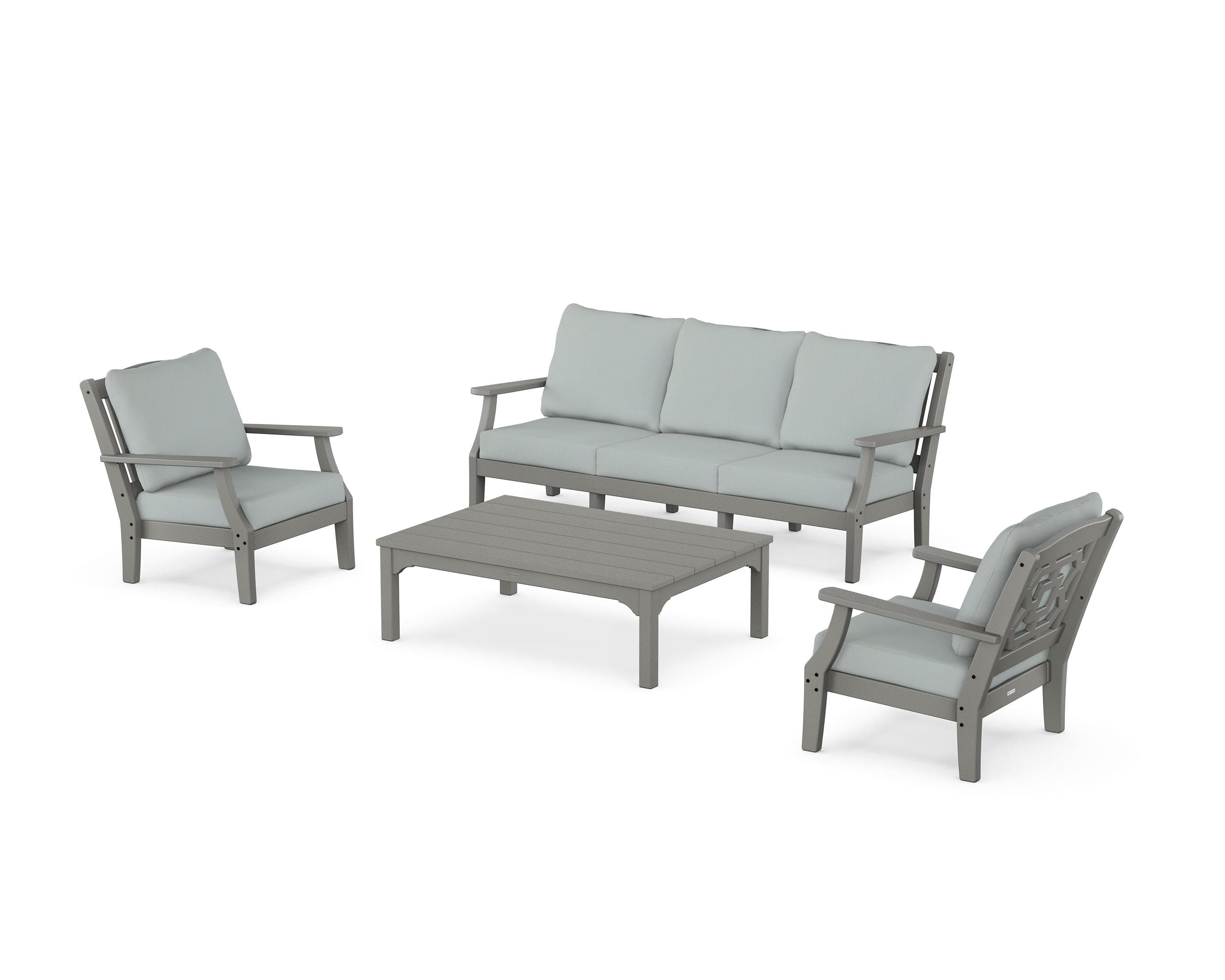 Chinoiserie 4-Piece Deep Seating Set with Sofa in Slate Grey / Spa