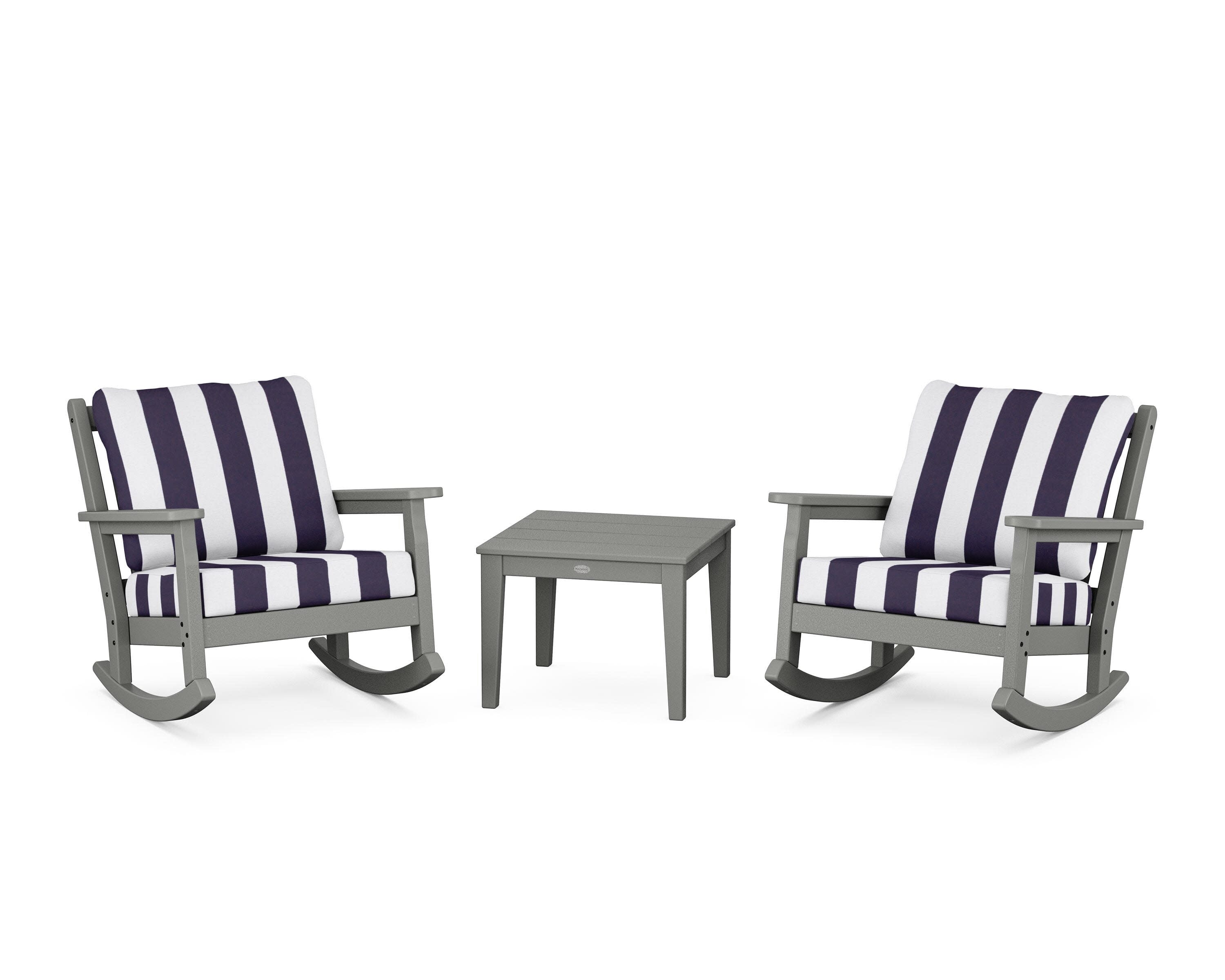 Chippendale 3-Piece Deep Seating Rocker Set in Slate Grey / Cabana Stripe Navy