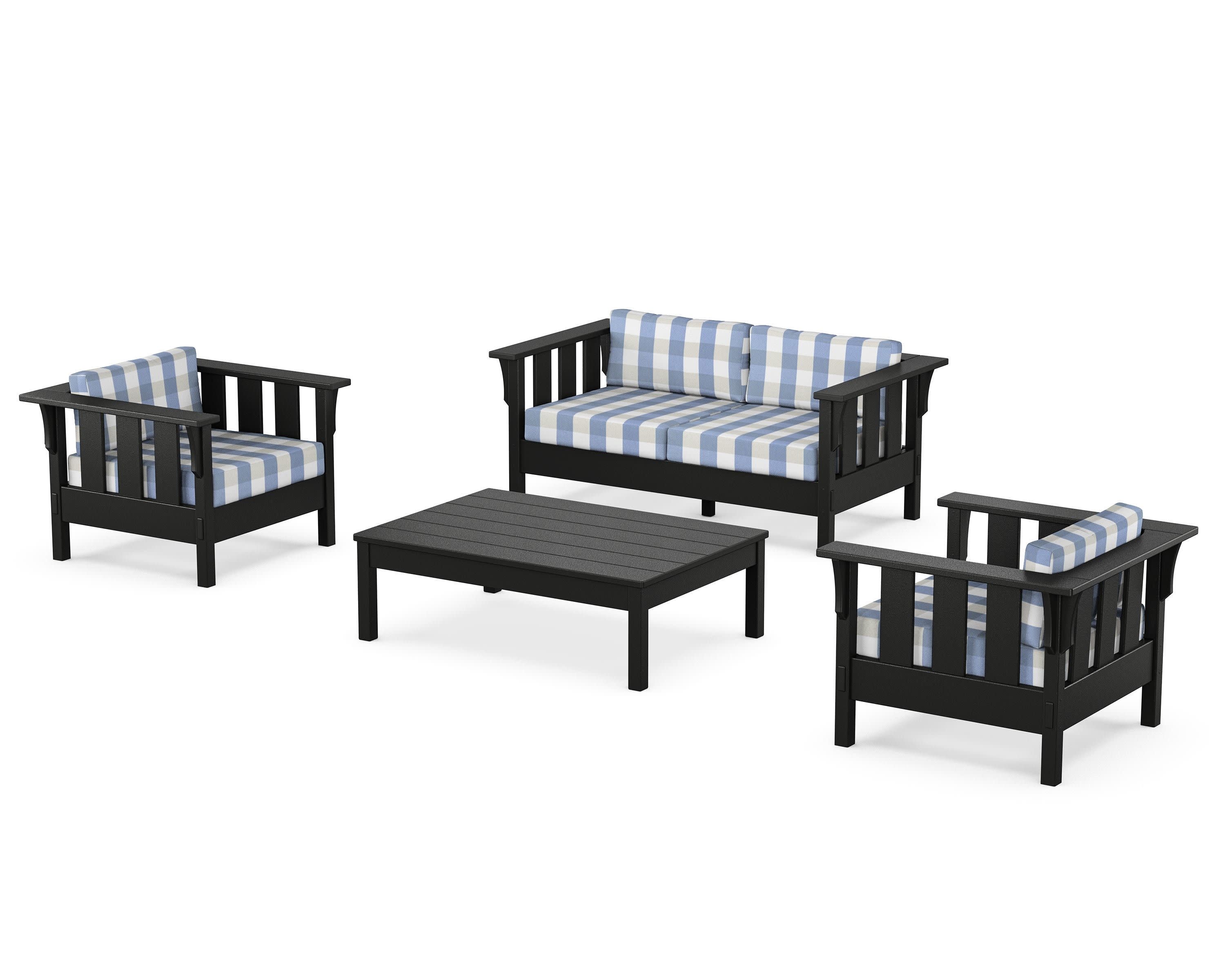 Acadia 4-Piece Deep Seating Set with Loveseat in Black / Buffalo Plaid Sky Blue