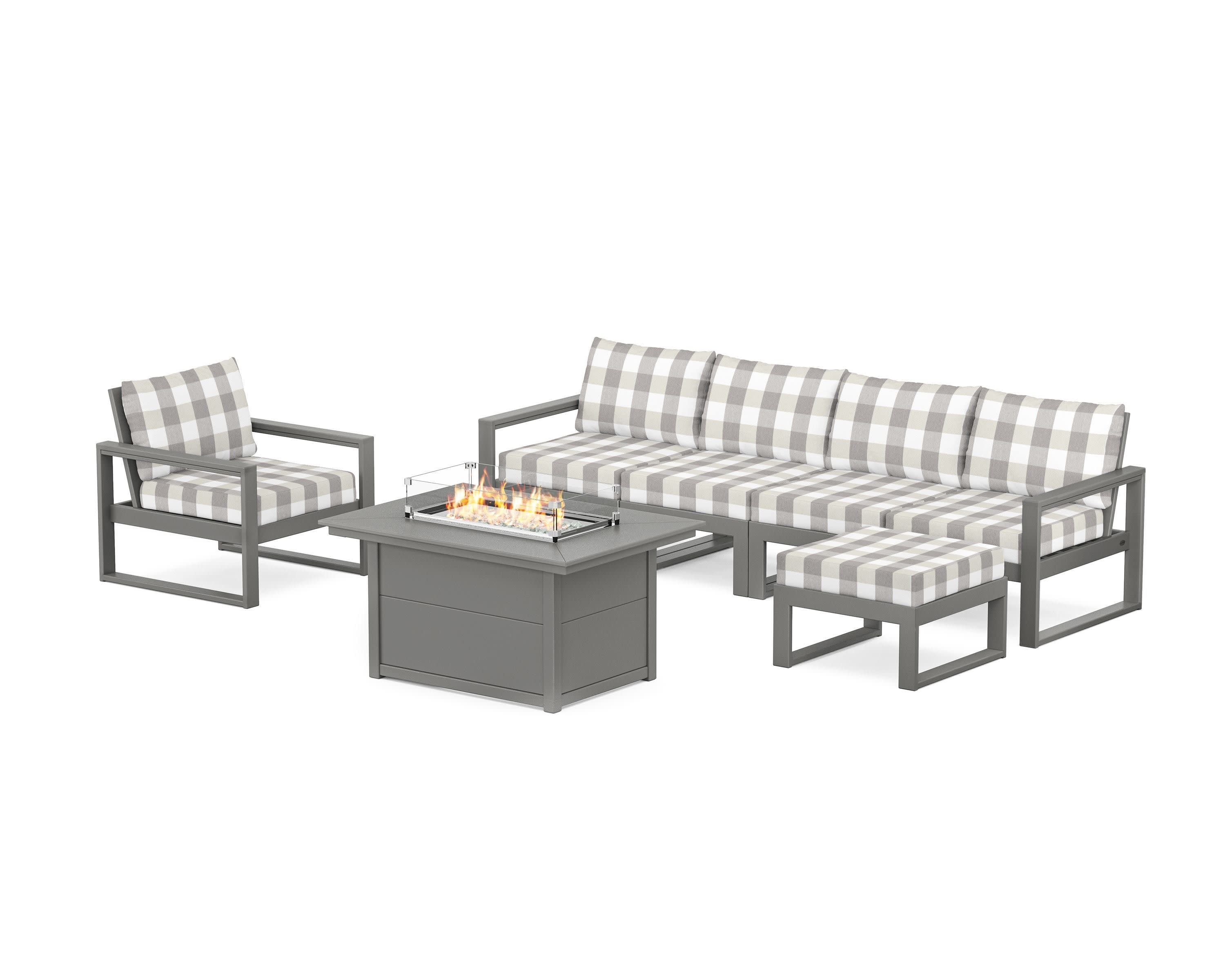 EDGE Sectional Lounge and Fire Pit Set in Slate Grey / Buffalo Plaid Grey Mist