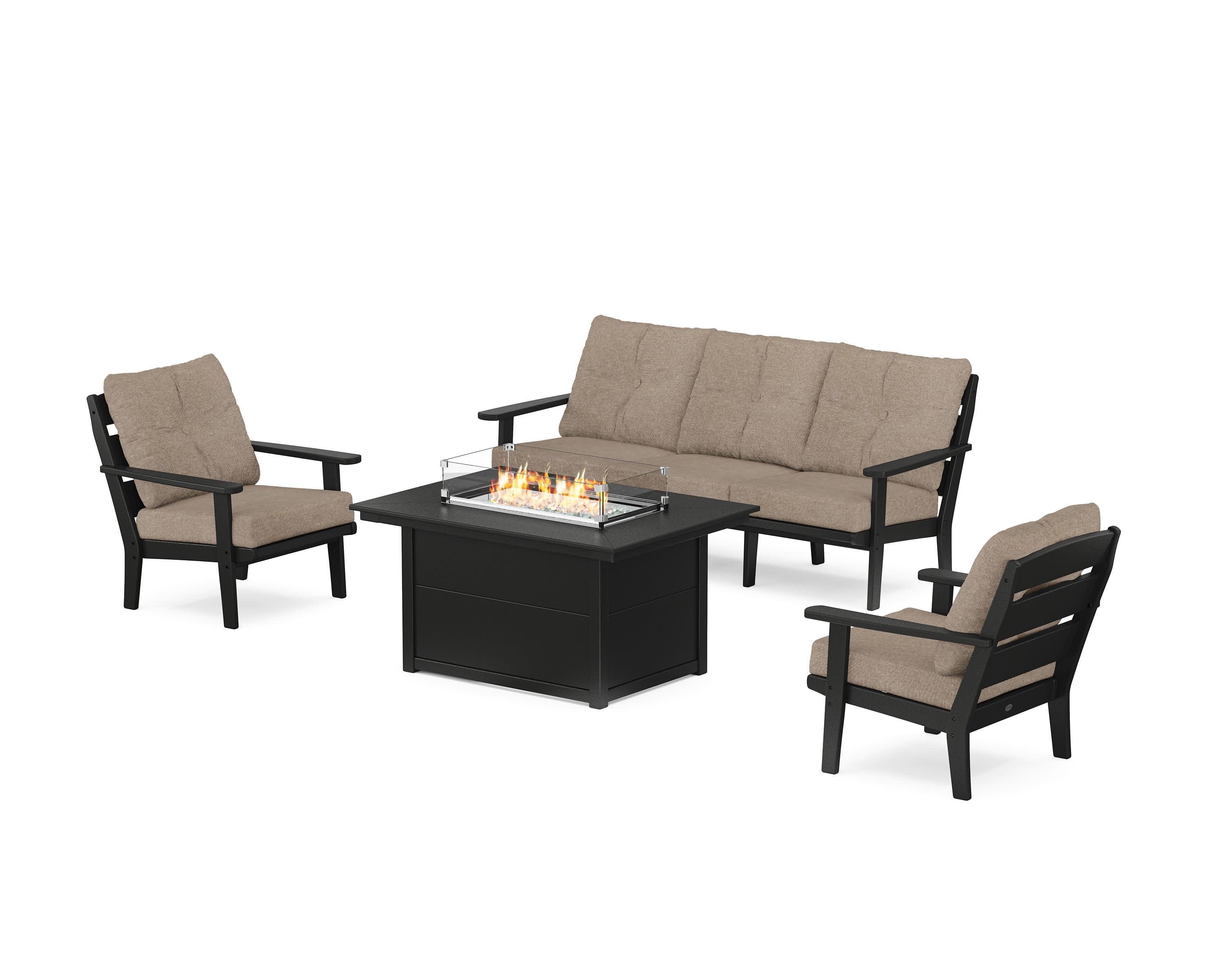 Lakeside Deep Seating Fire Pit Table Set in Black / Spiced Burlap