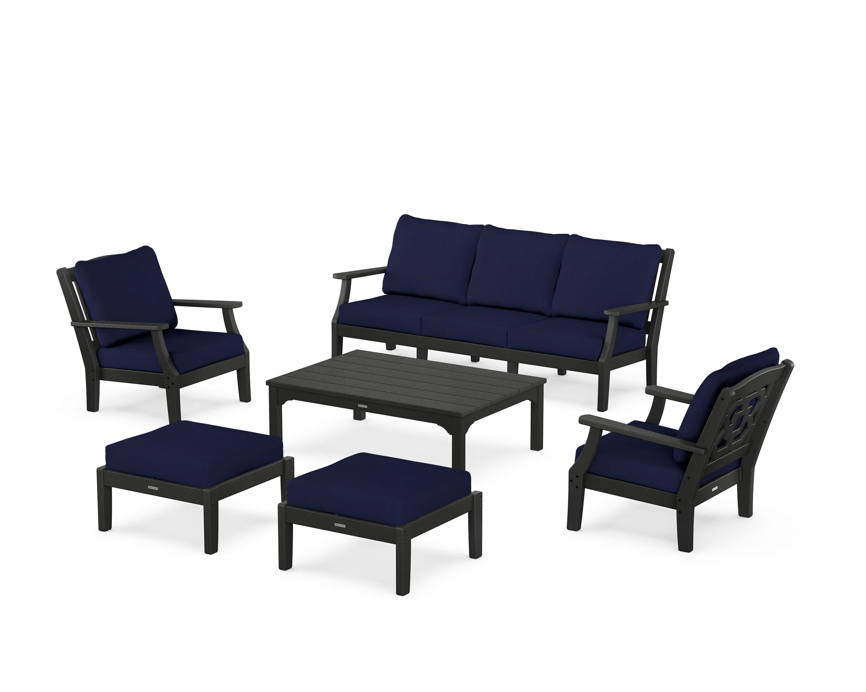 Chinoiserie 6-Piece Lounge Sofa Set in Black / Navy