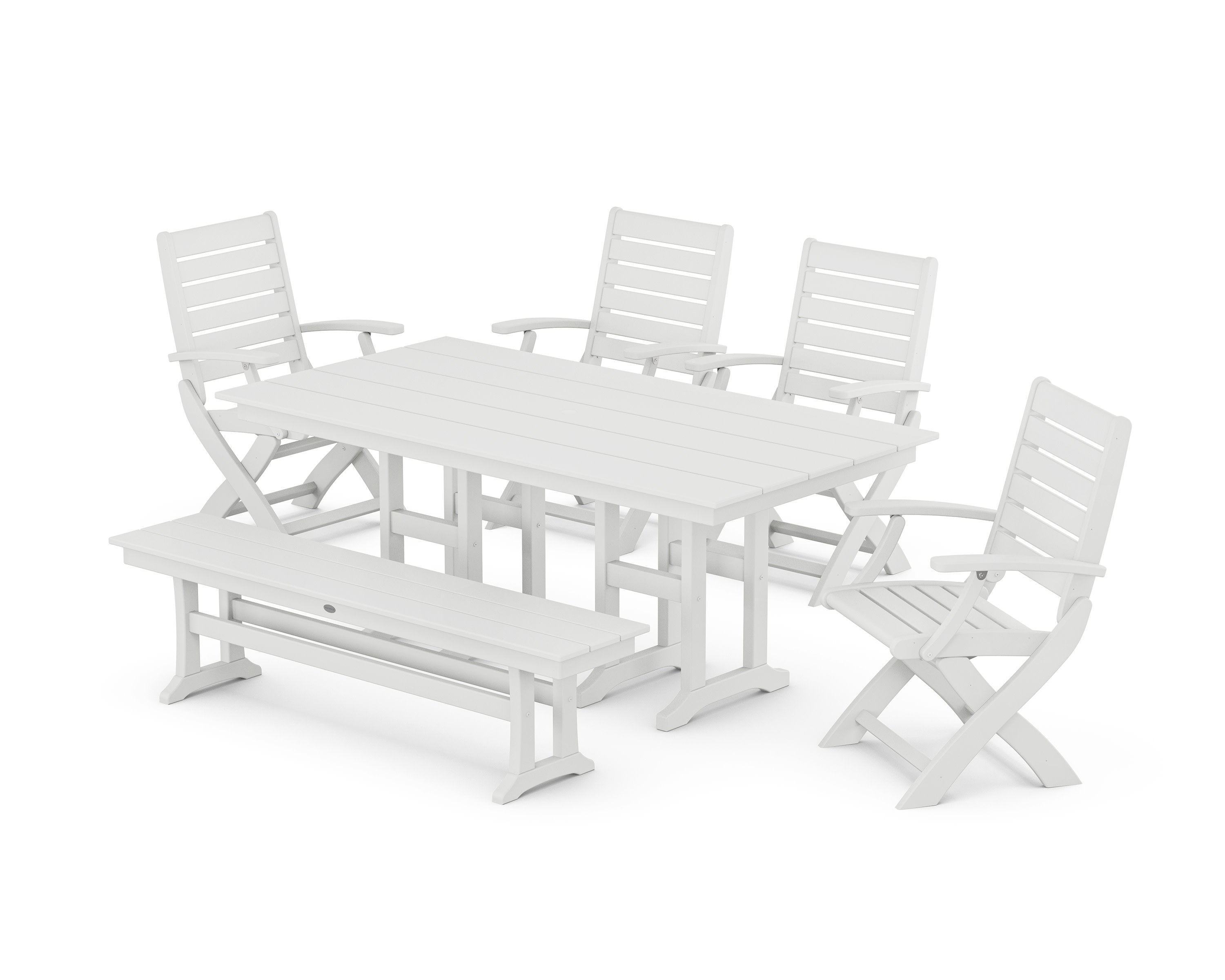 Signature Folding Chair 6-Piece Farmhouse Dining Set with Bench in White