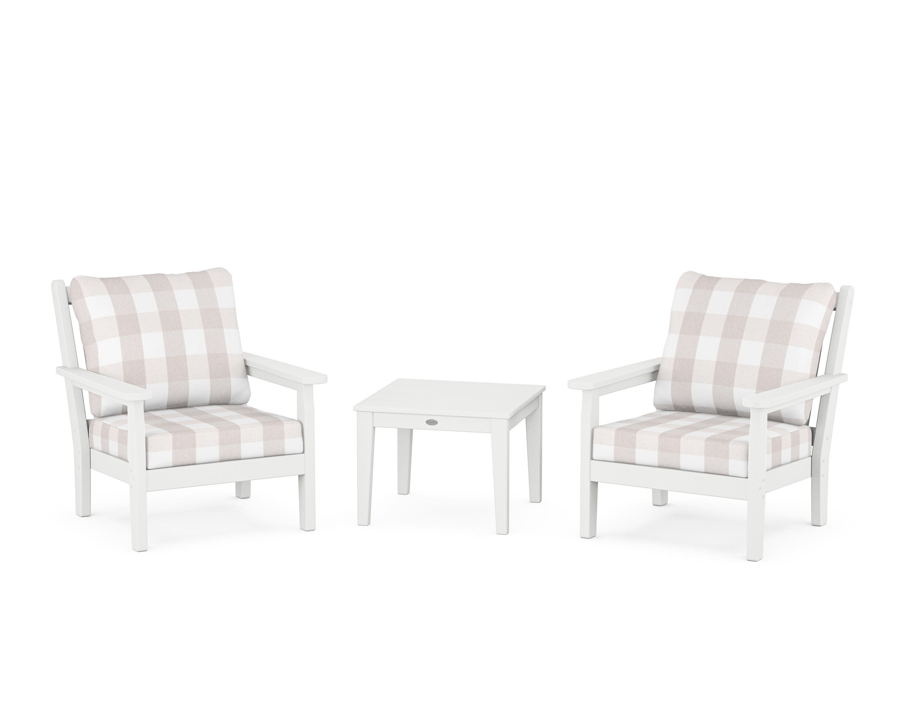Chippendale 3-Piece Deep Seating Set in White / Buffalo Plaid Dune Burlap