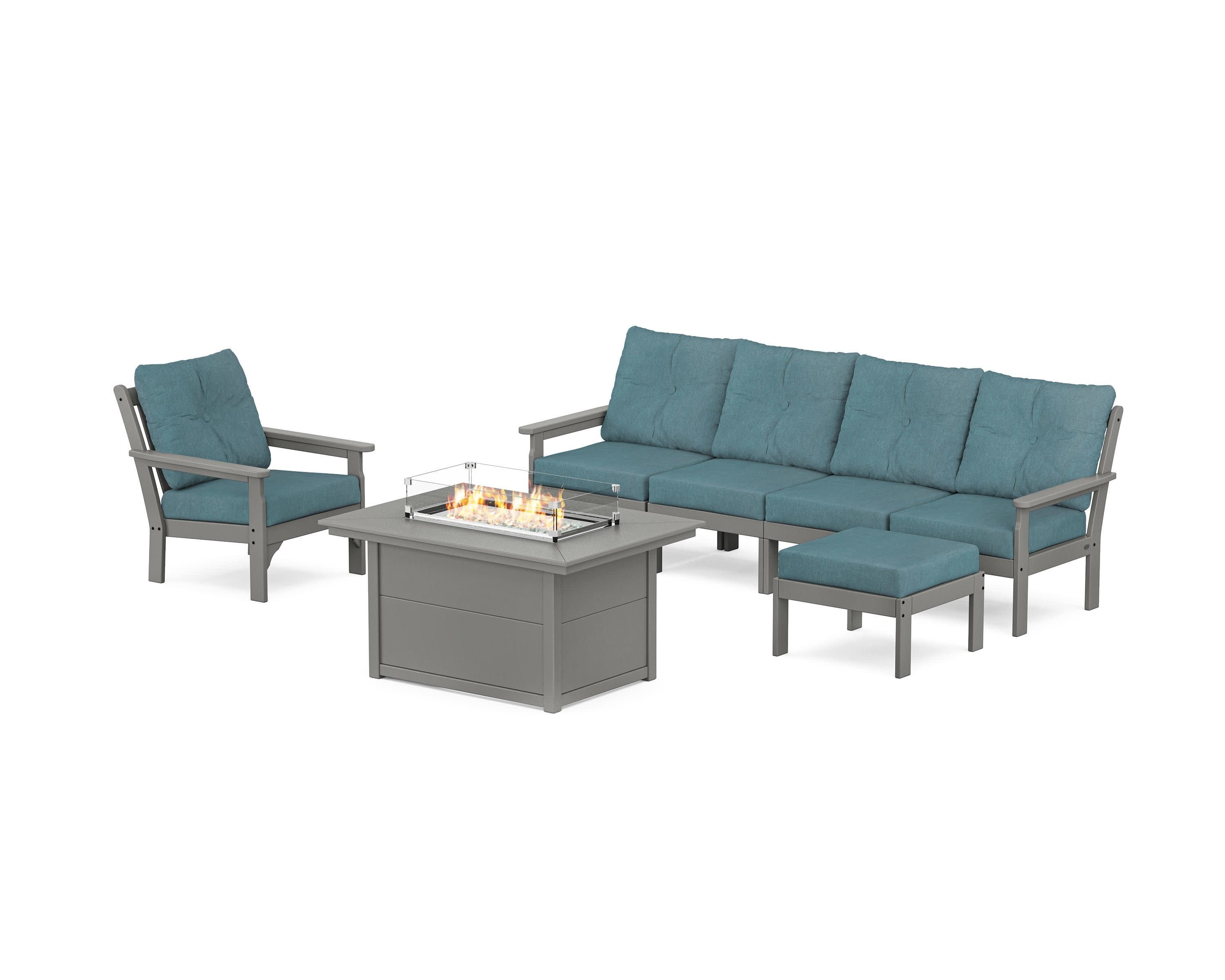Vineyard Sectional Lounge and Fire Pit Set in Slate Grey / Ocean Teal