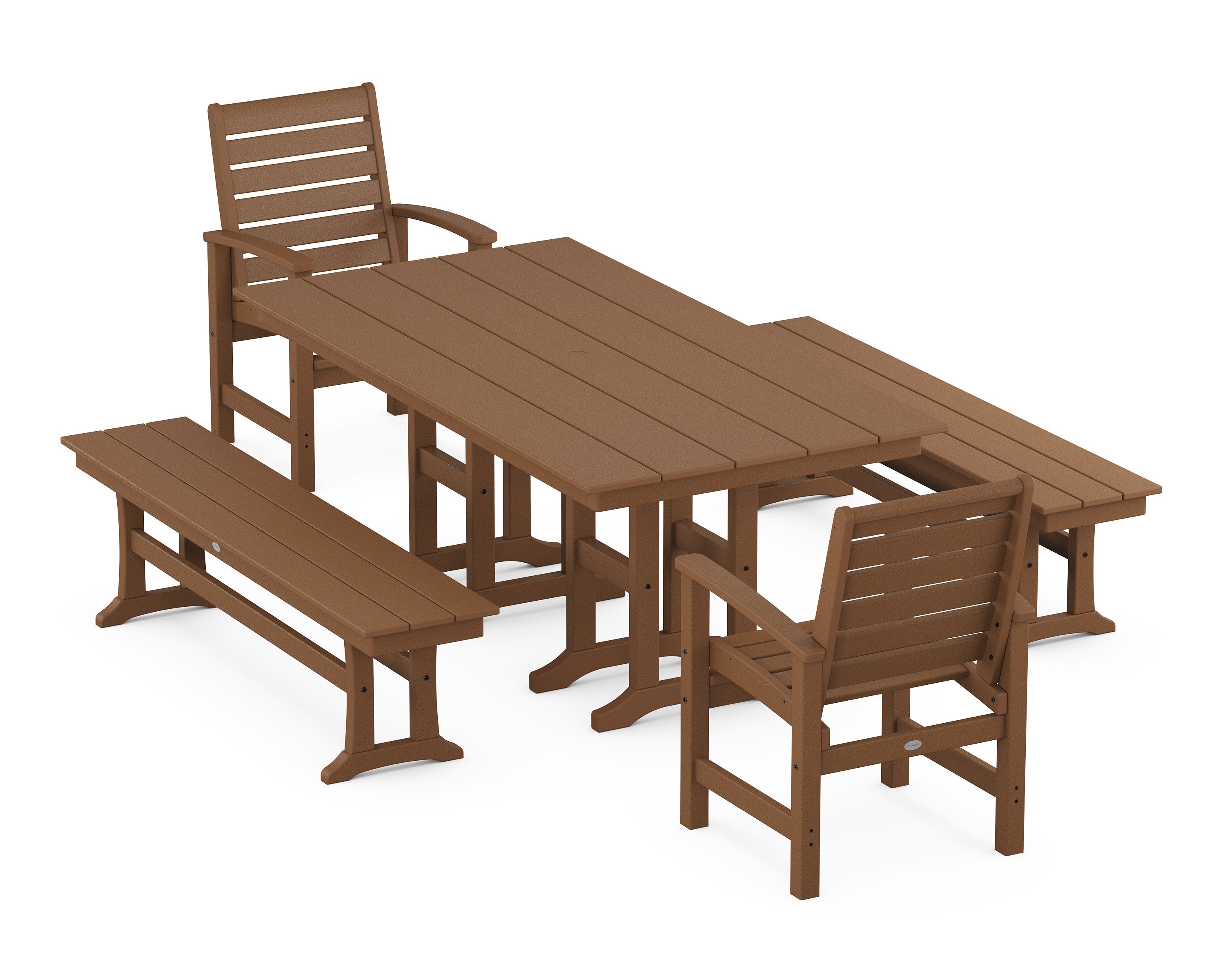 Signature 5-Piece Farmhouse Dining Set with Benches in Teak