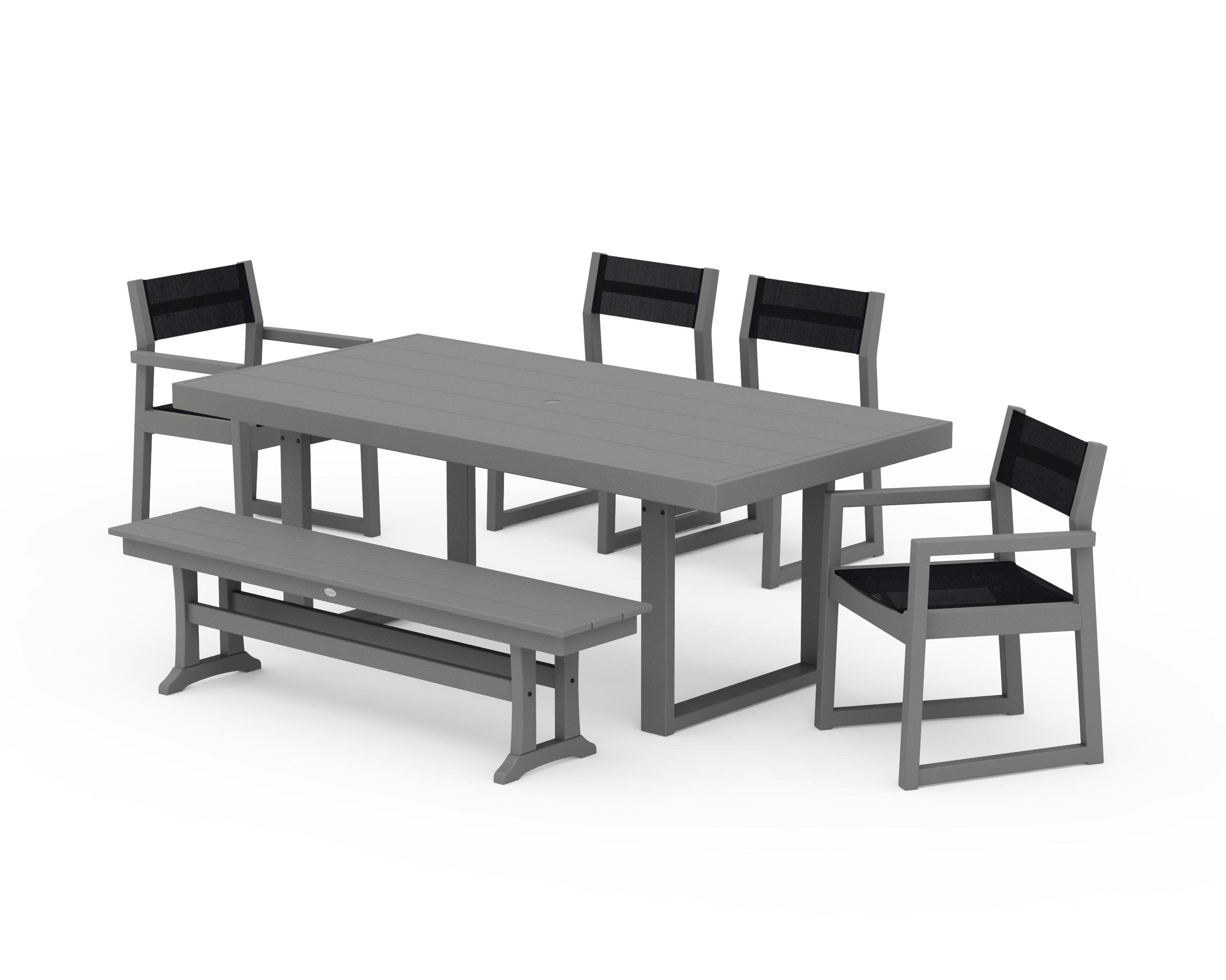 EDGE Sling 6-Piece Dining Set with Bench in Slate Grey / Black Sling