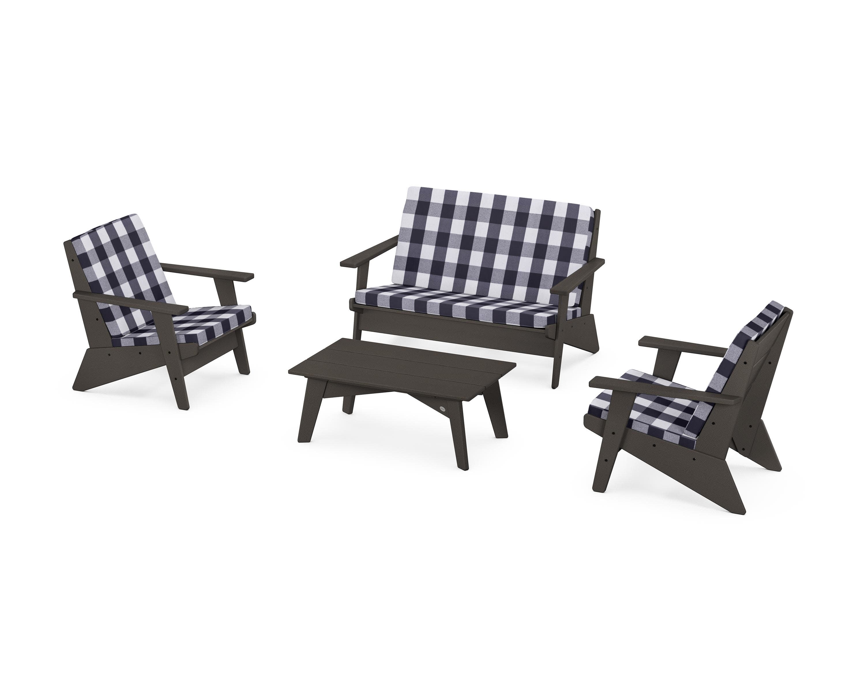 Riviera Modern Lounge 4-Piece Set in Vintage Coffee / Buffalo Plaid Navy
