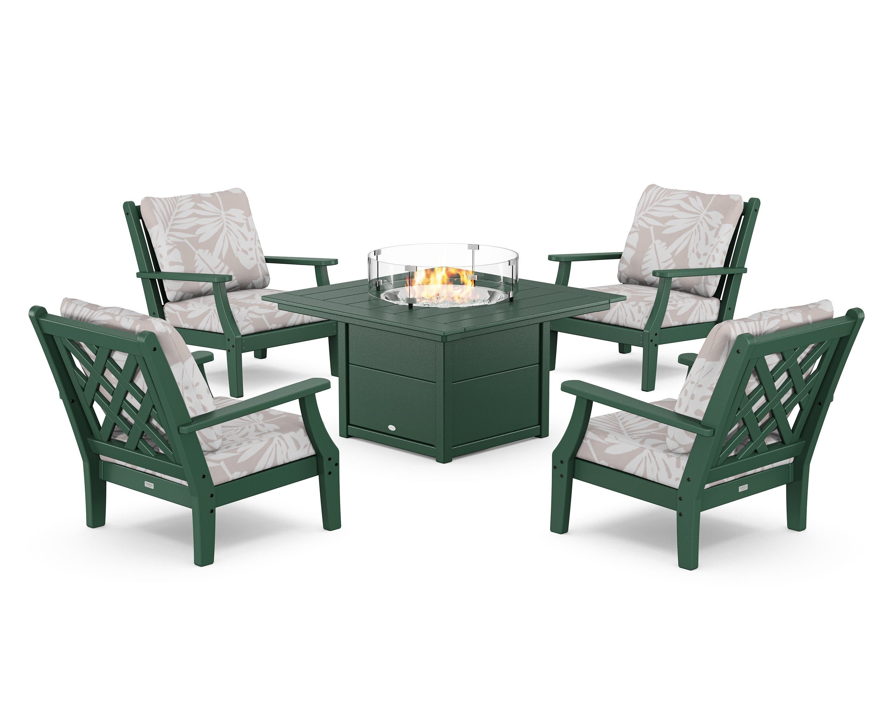 Wovendale 5-Piece Deep Seating Set with Fire Pit Table in Green / Leaf Dune Burlap