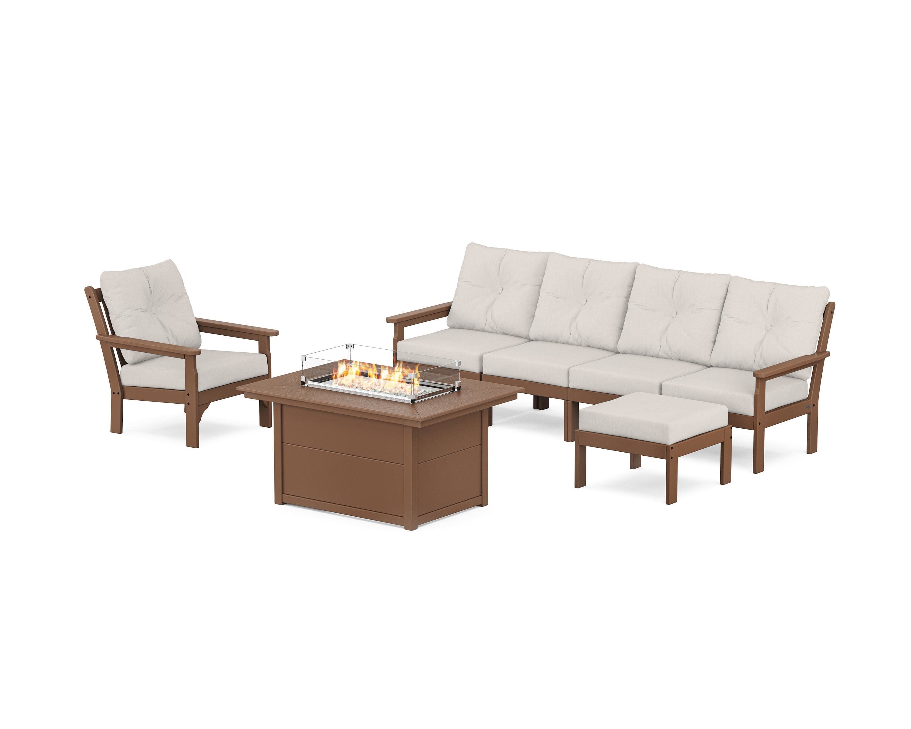 Vineyard Sectional Lounge and Fire Pit Set in Teak / Cast Ash