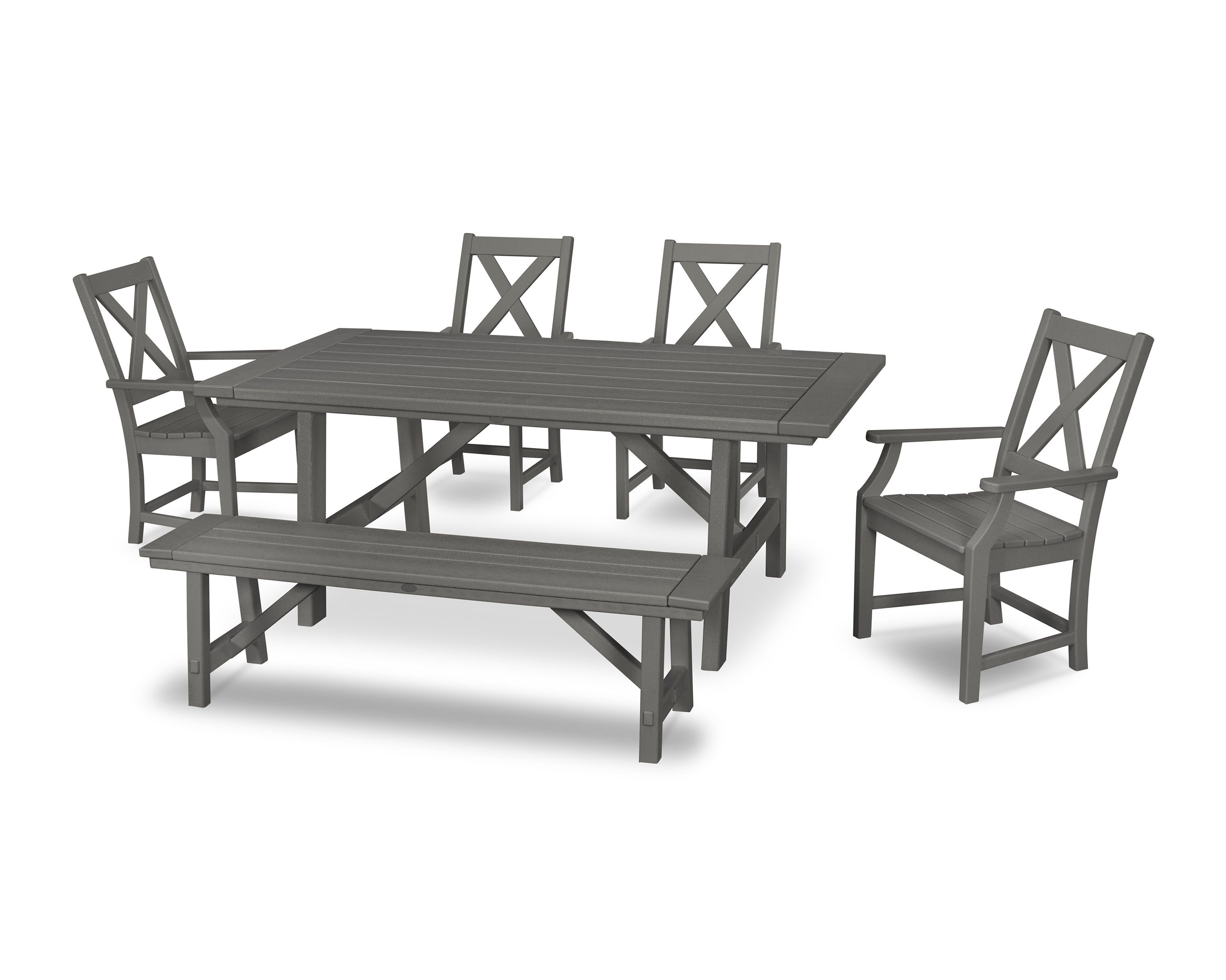 Braxton 6-Piece Rustic Farmhouse Arm Chair Dining Set with Bench in Slate Grey
