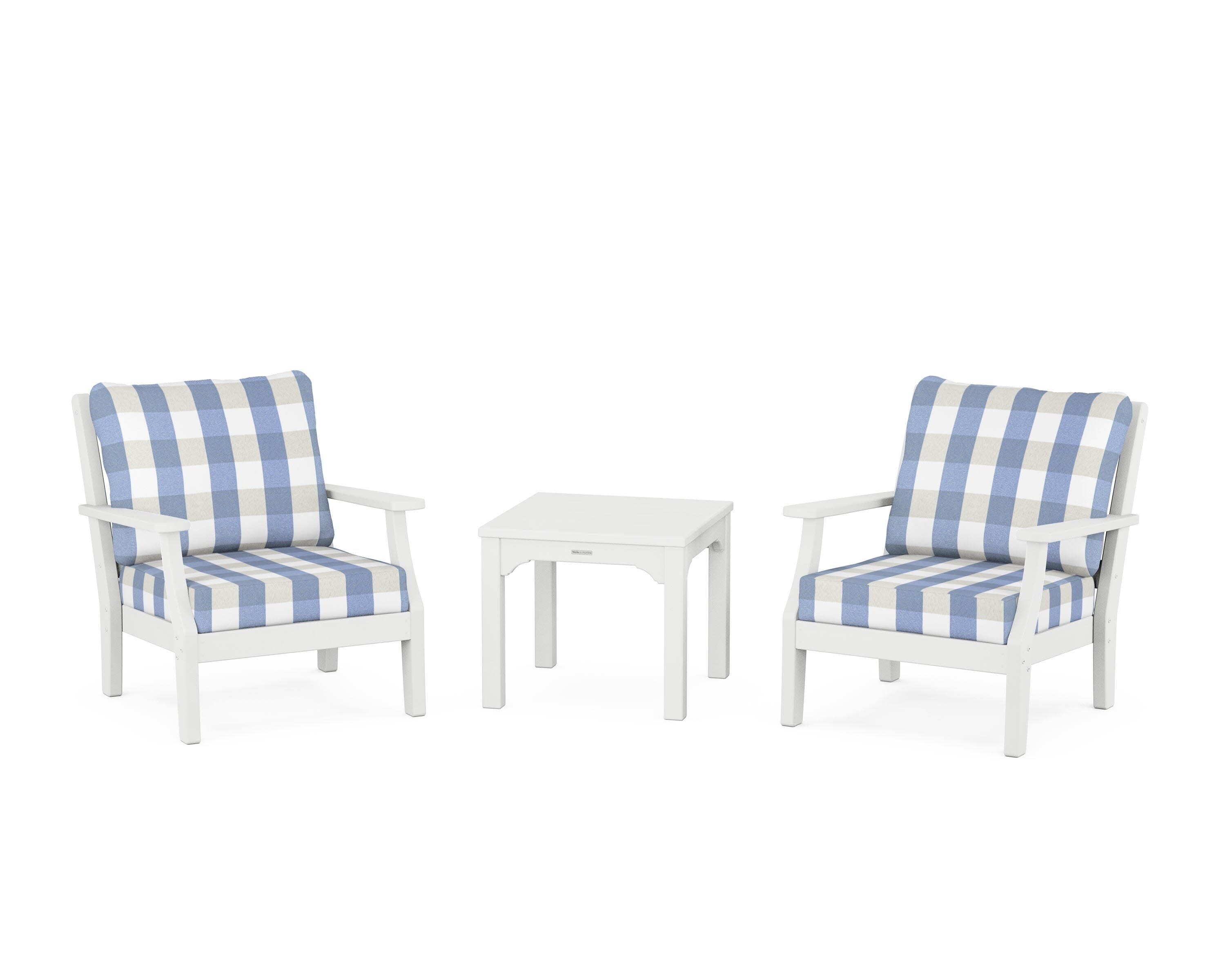 Chinoiserie 3-Piece Deep Seating Set in White / Buffalo Plaid Sky Blue