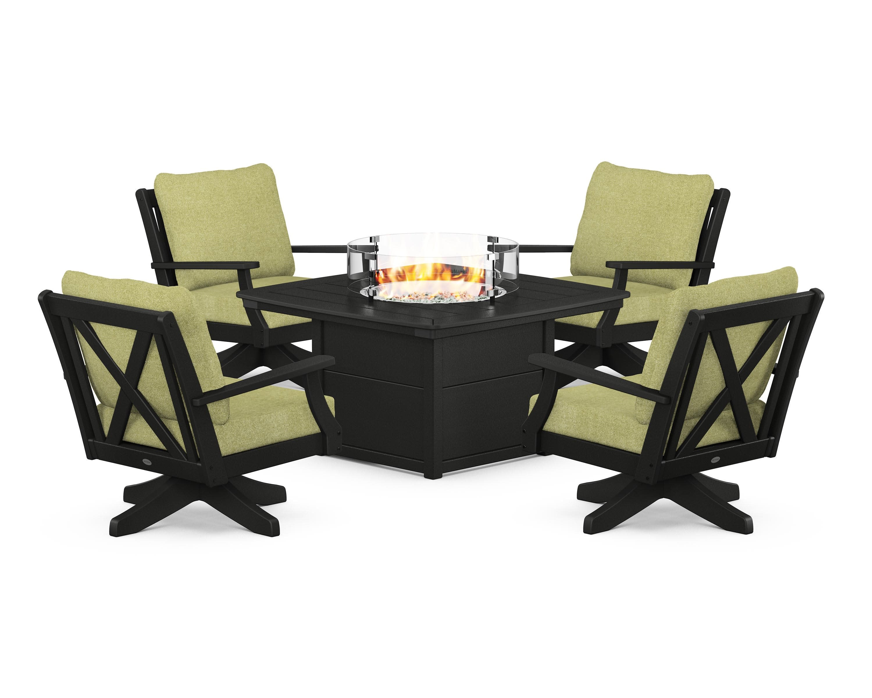 Braxton 5-Piece Deep Seating Swivel Conversation Set with Fire Pit Table in Black / Chartreuse Boucle