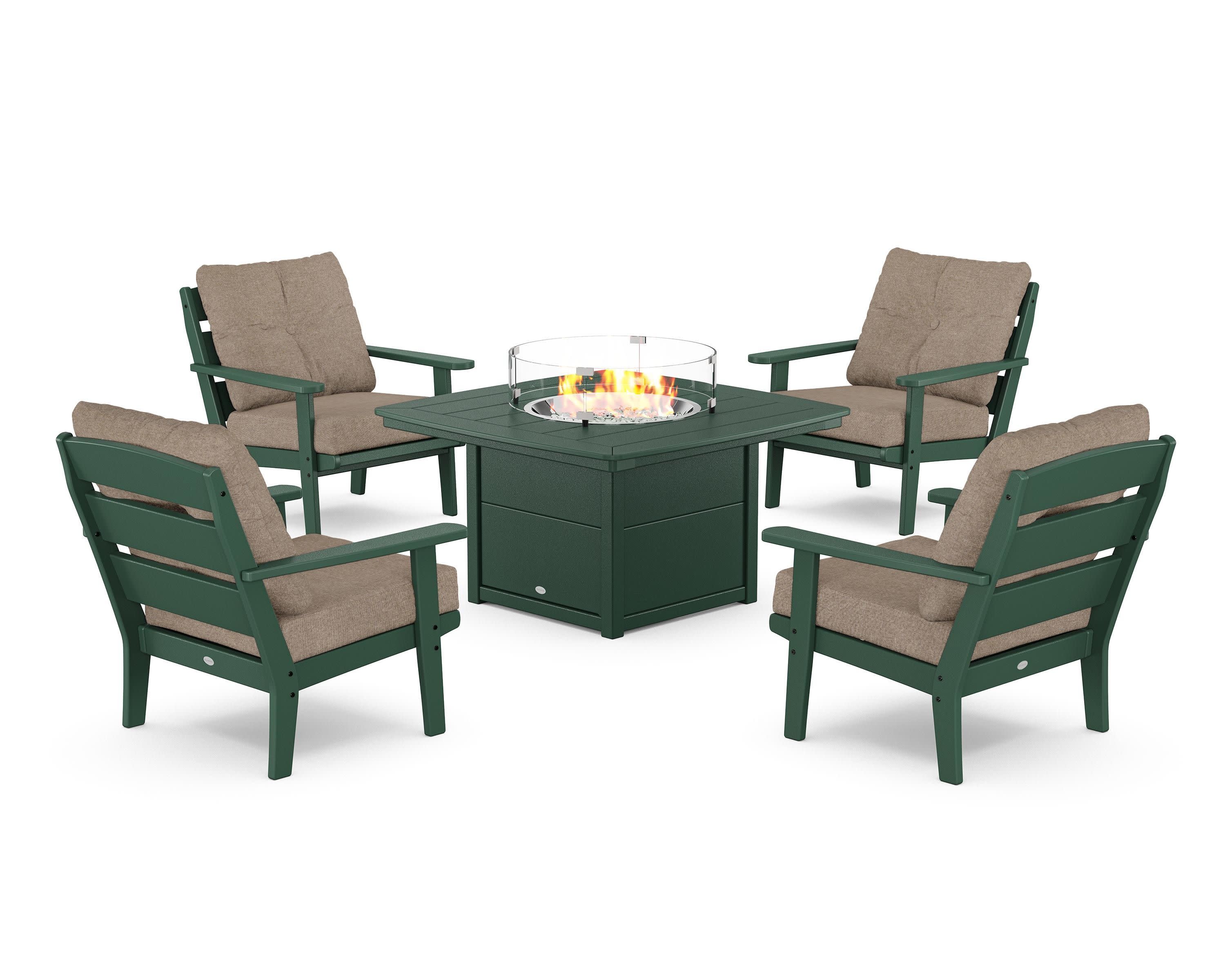 Lakeside 5-Piece Deep Seating Set with Nautical Fire Pit Table in Green / Spiced Burlap