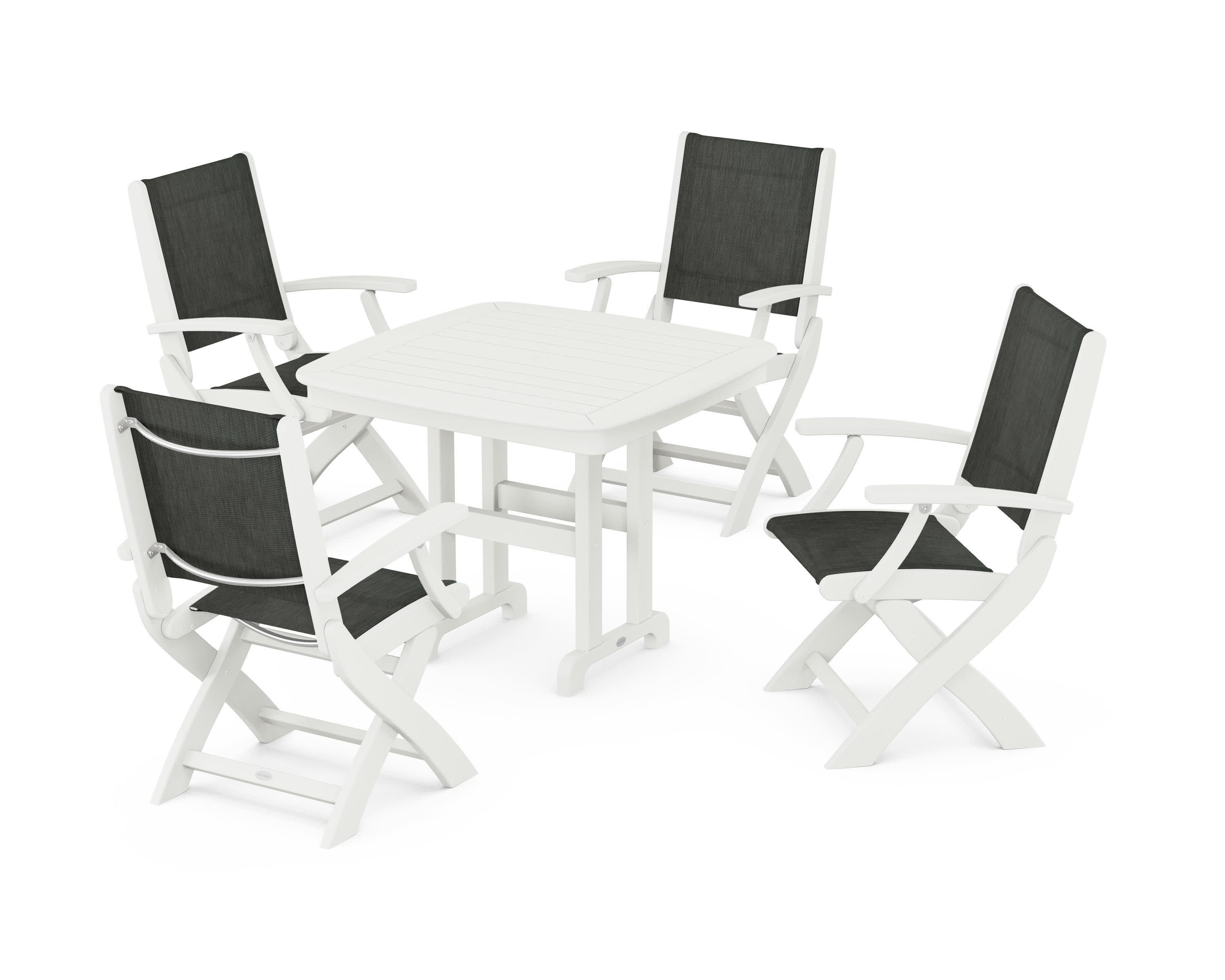 Coastal Folding Chair 5-Piece Dining Set in Vintage White / Ember Sling