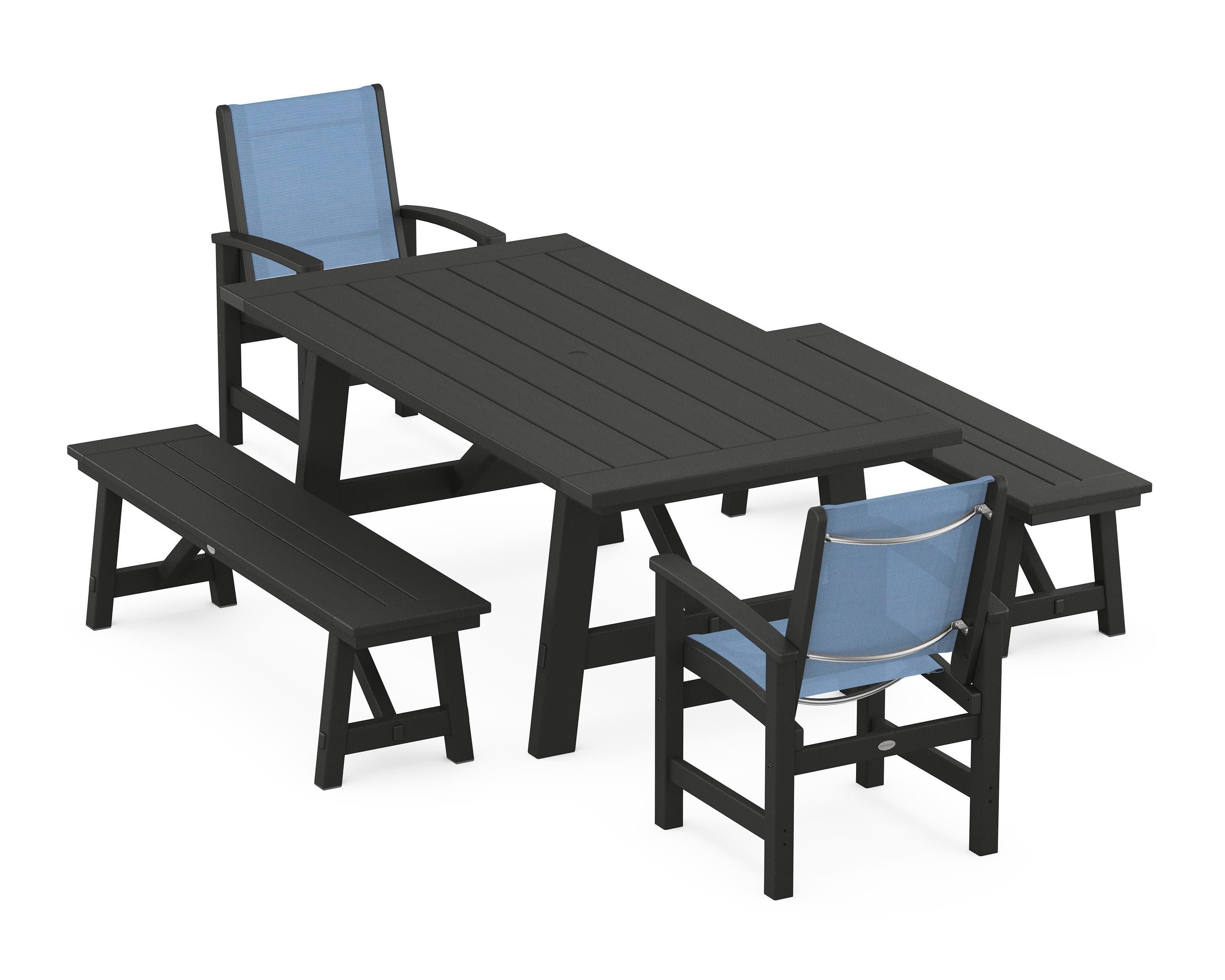 Coastal 5-Piece Rustic Farmhouse Dining Set With Benches in Black / Poolside Sling