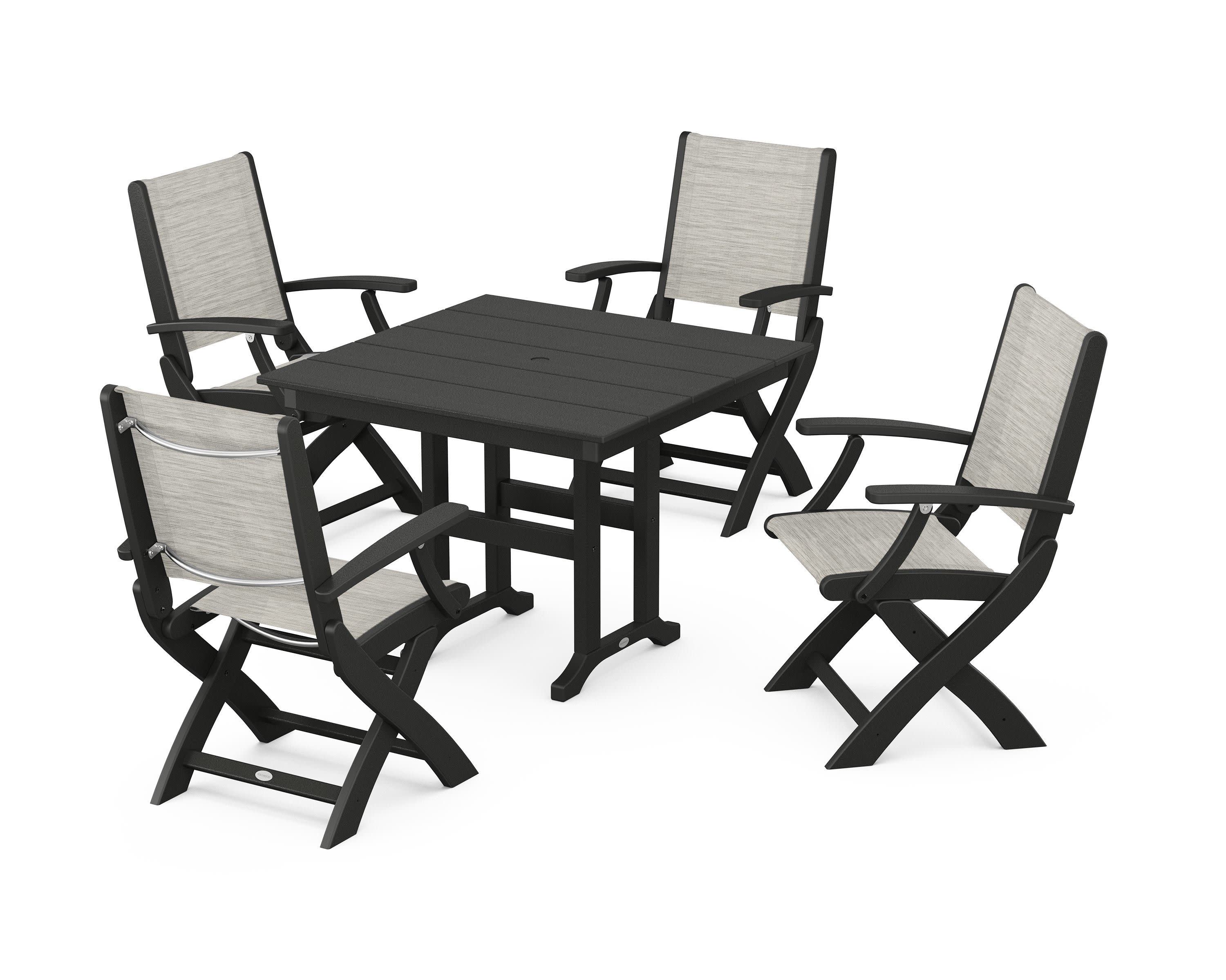Coastal Folding Chair 5-Piece Farmhouse Dining Set in Black / Birch Sling