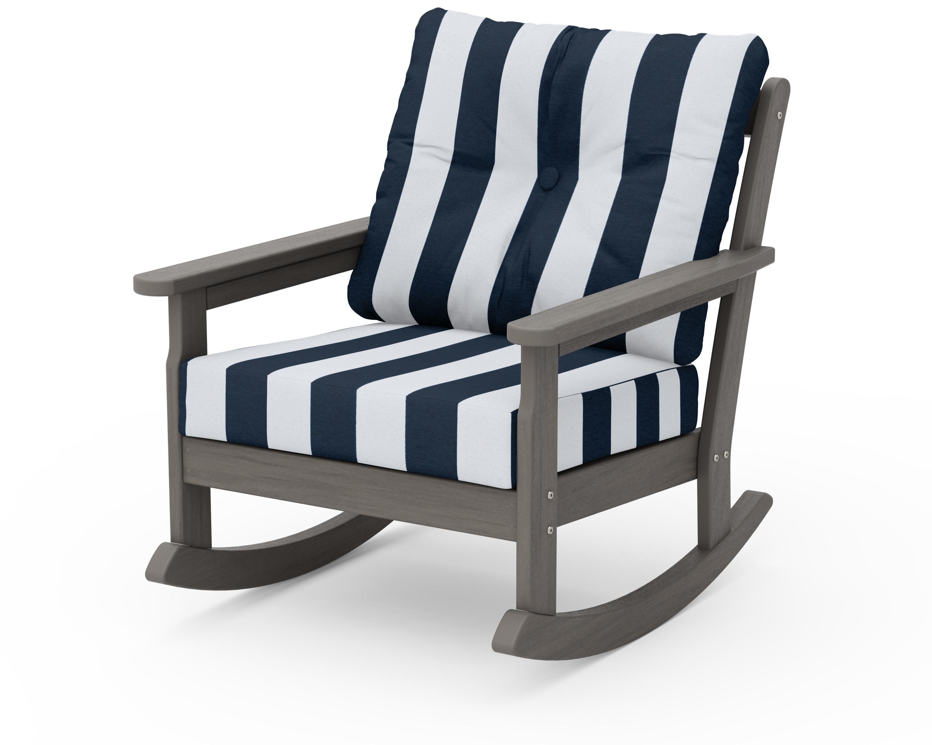 Vineyard Deep Seating Rocking Chair in Driftwood / Cabana Stripe Marine Indigo