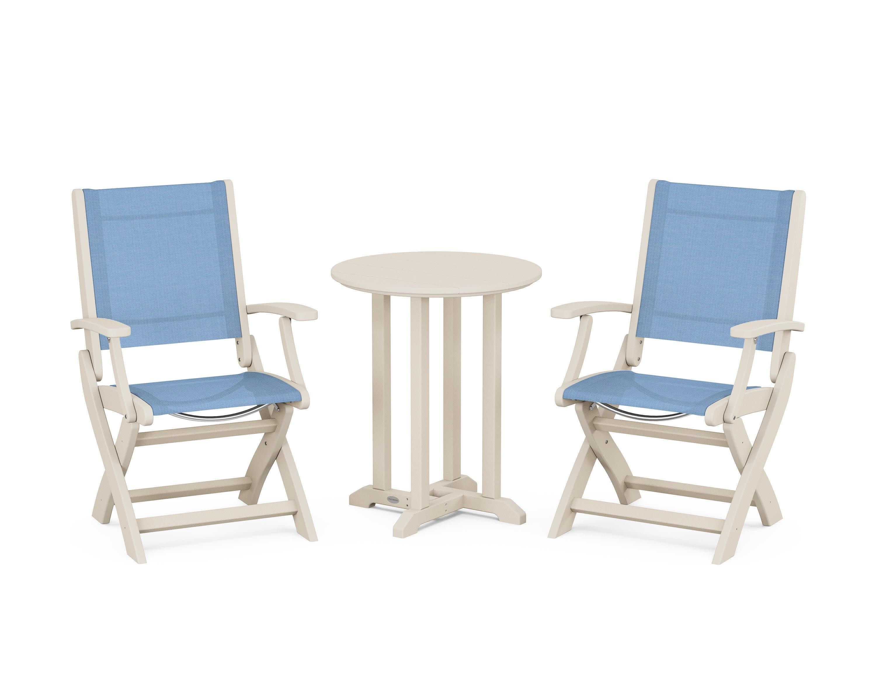 Coastal Folding 3-Piece Round Bistro Dining Set in Sand / Poolside Sling