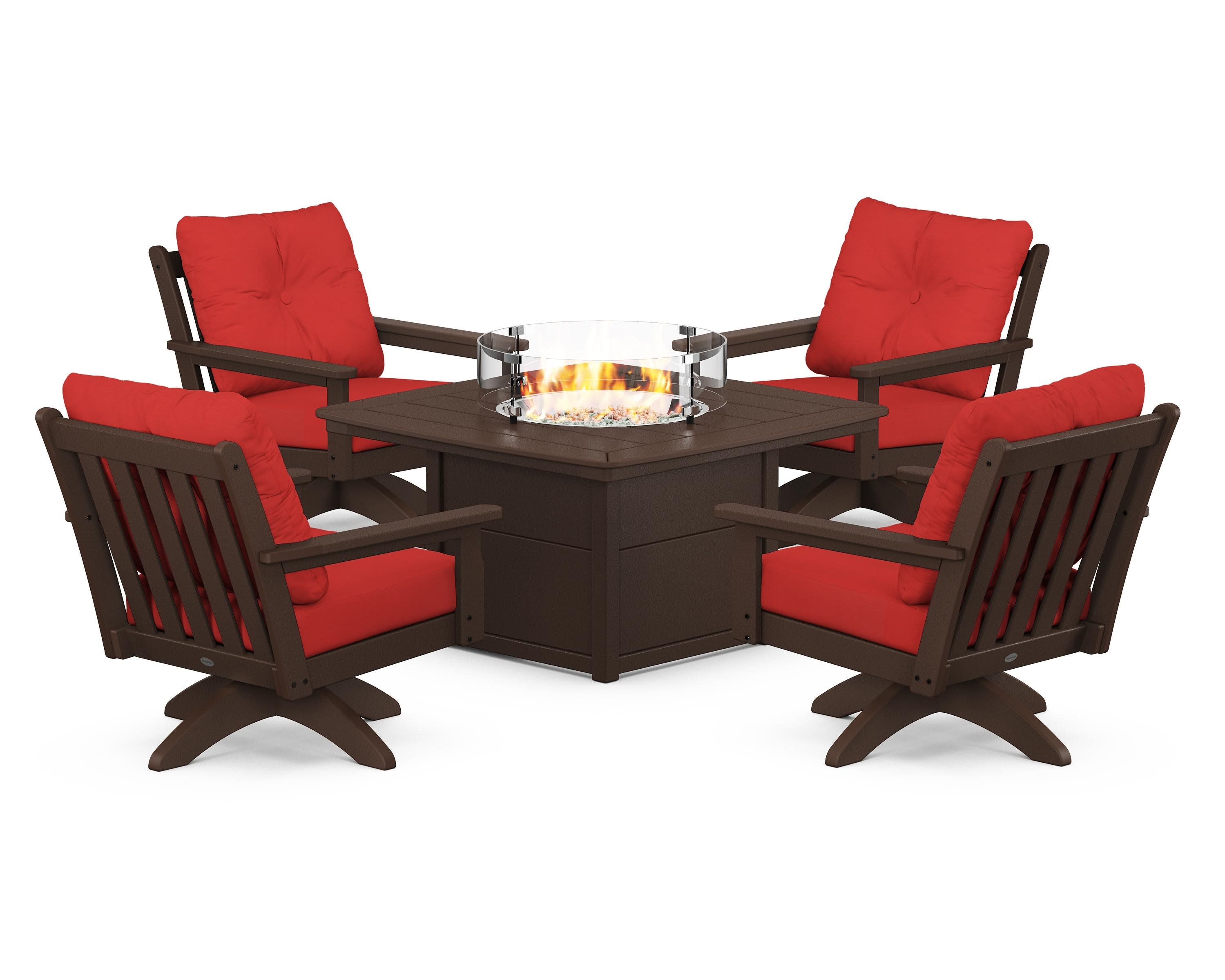 Vineyard 5-Piece Deep Seating Swivel Conversation Set with Fire Pit Table in Mahogany / Crimson Linen