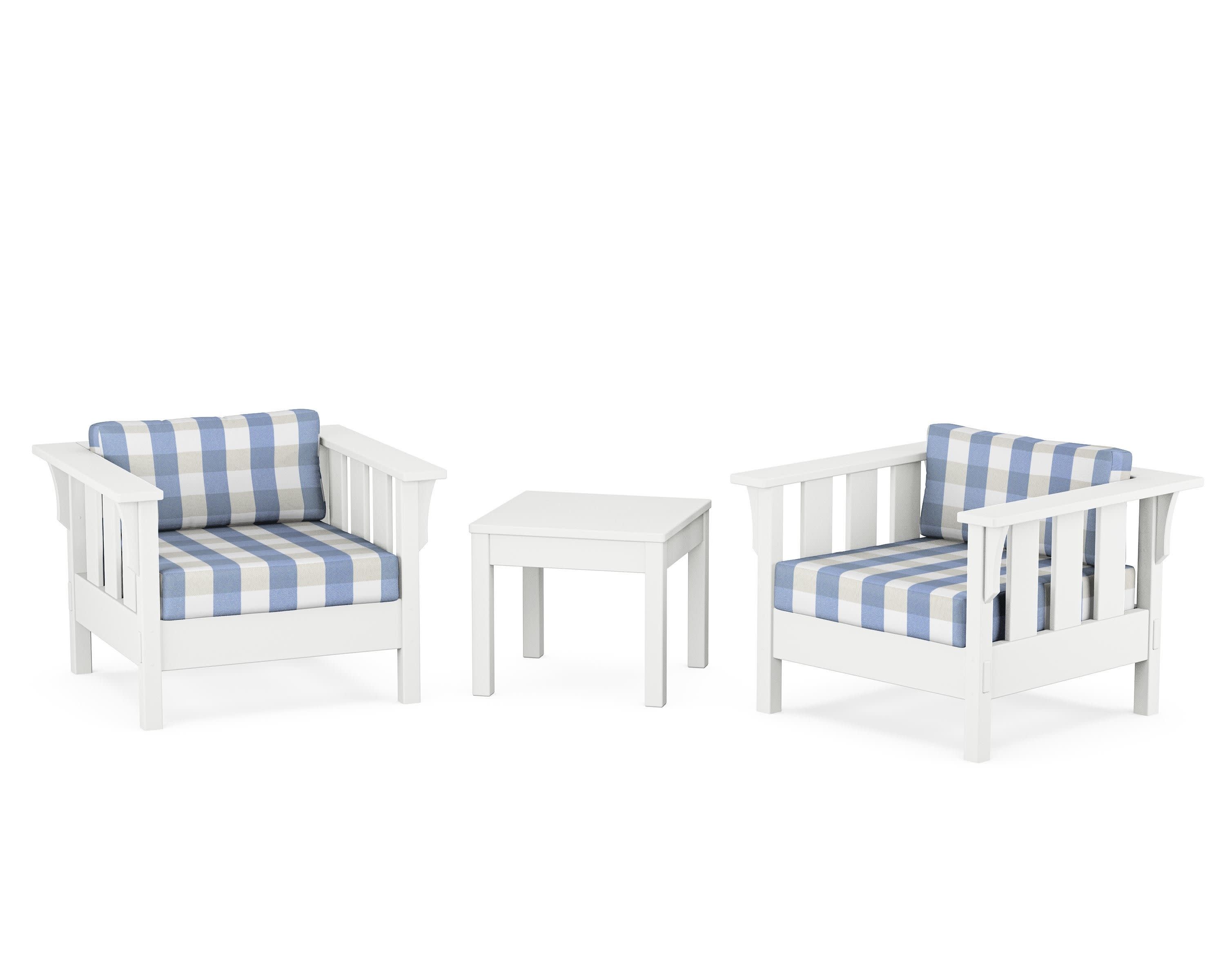 Acadia 3-Piece Deep Seating Set in White / Buffalo Plaid Sky Blue