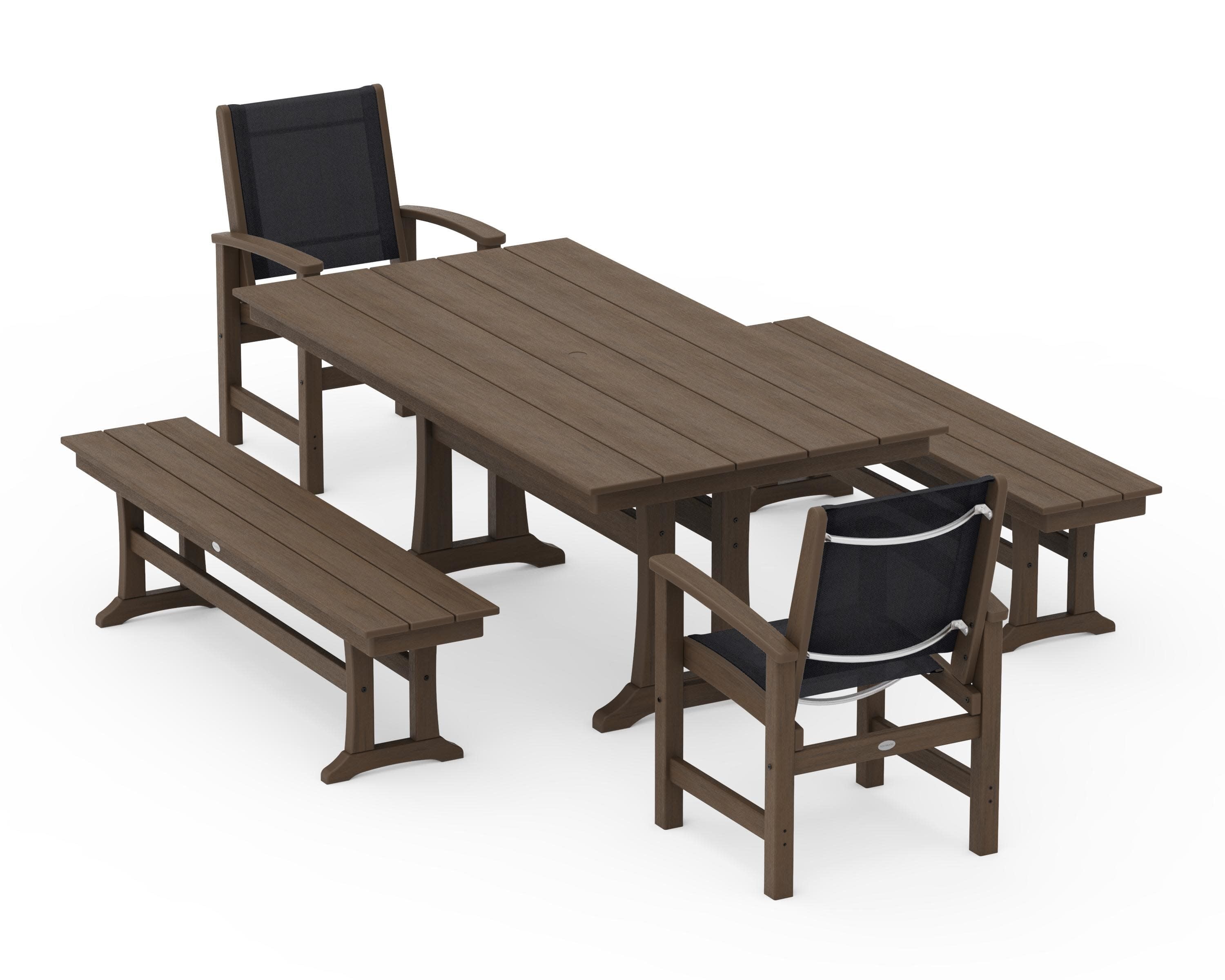 Coastal 5-Piece Farmhouse Dining Set with Trestle Legs and Benches in Kona / Black Sling
