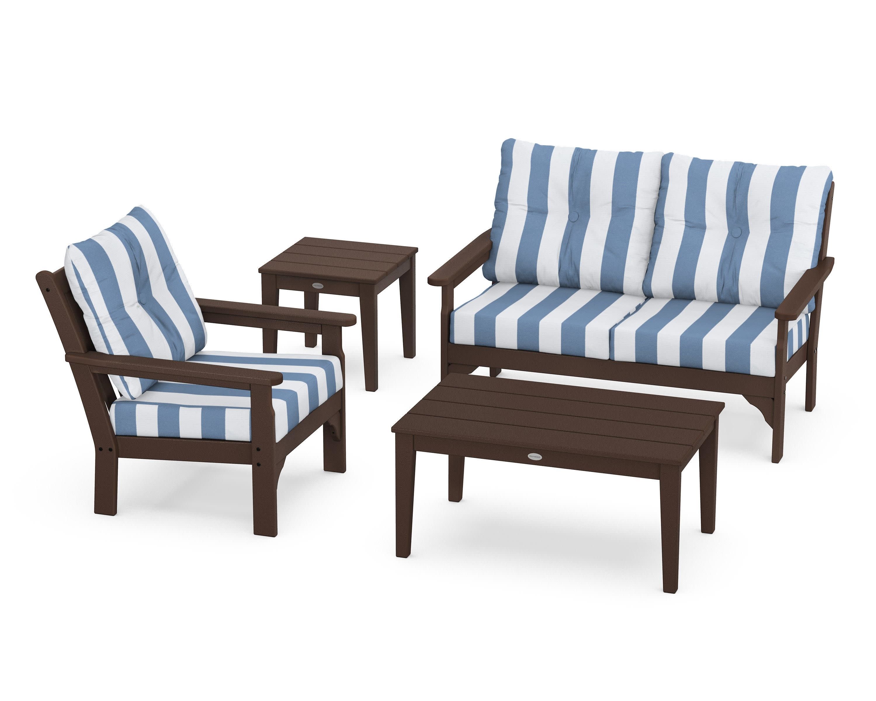 Vineyard 4-Piece Deep Seating Set in Mahogany / Cabana Stripe Sky Blue