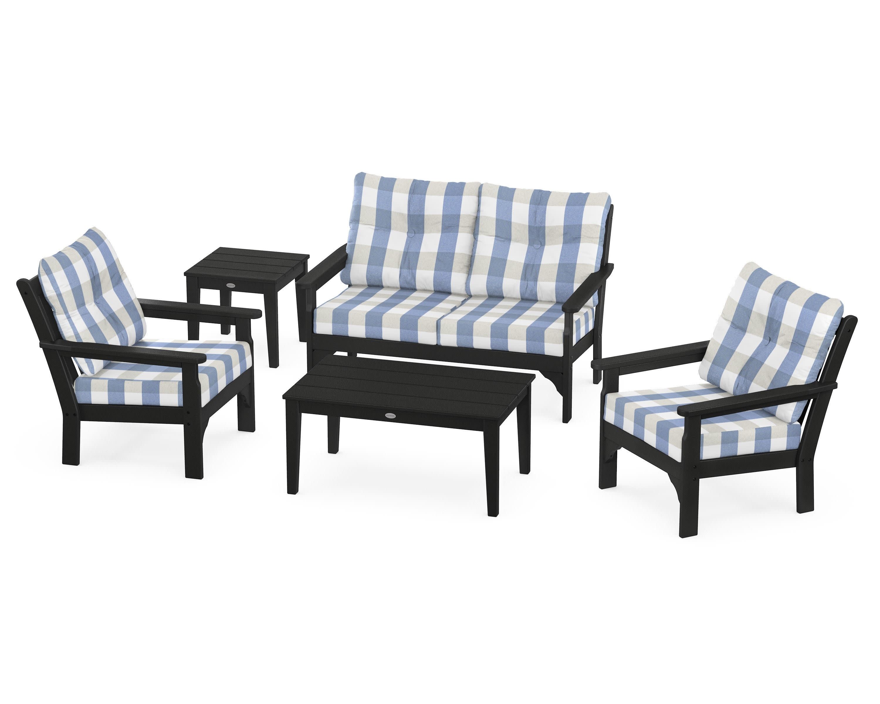Vineyard 5-Piece Deep Seating Set in Black / Buffalo Plaid Sky Blue