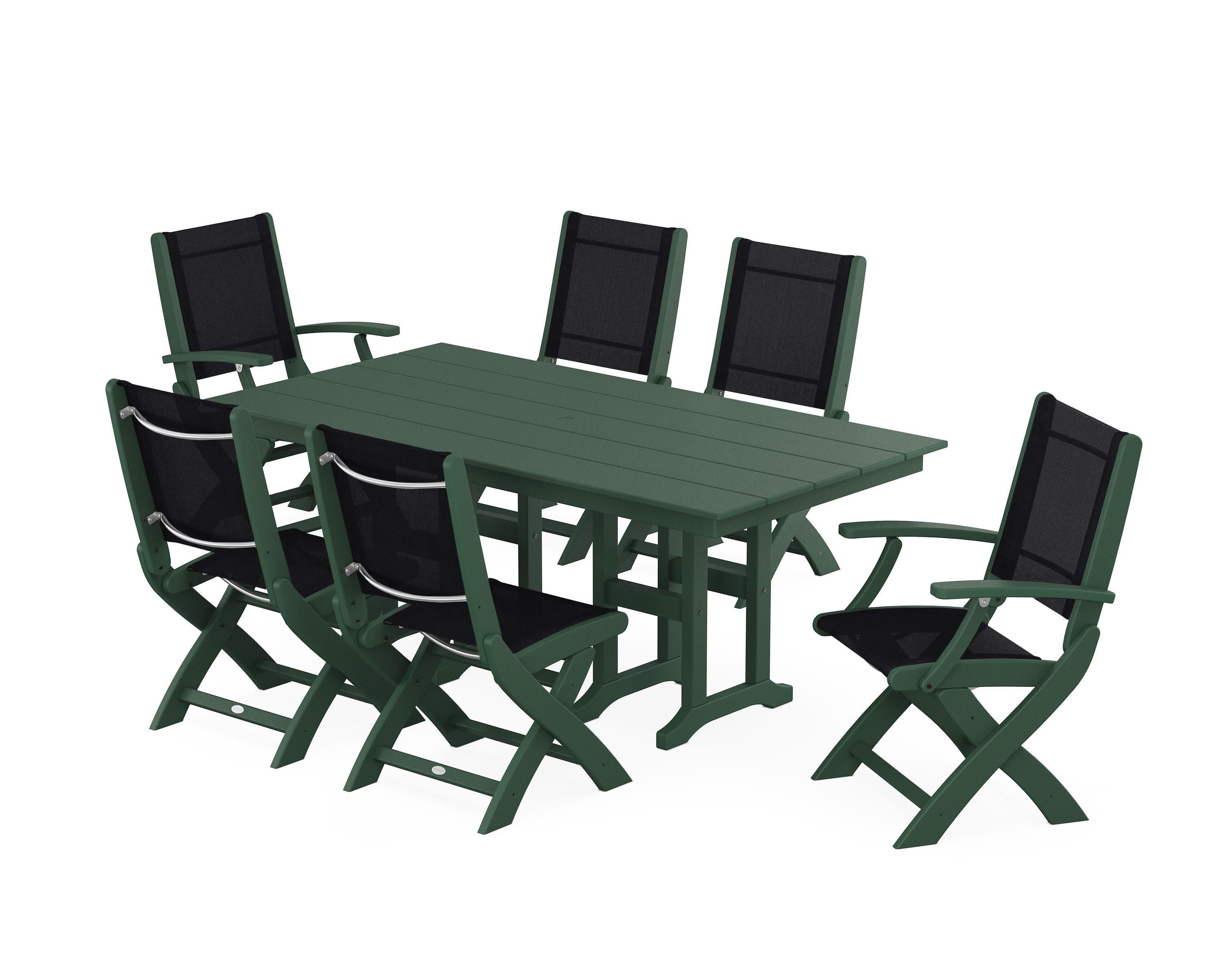 Coastal Folding Chair 7-Piece Farmhouse Dining Set in Green / Black Sling