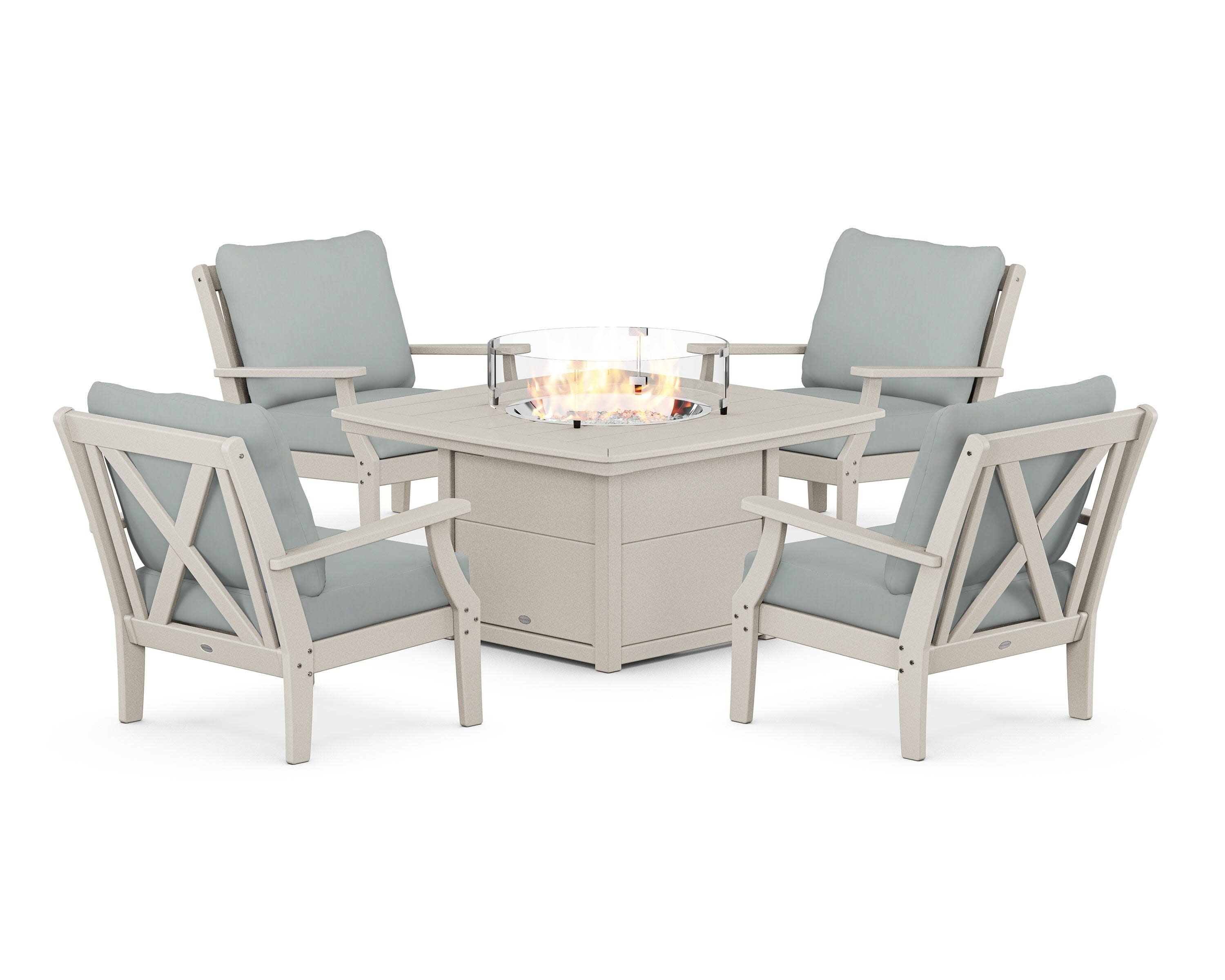 Braxton 5-Piece Deep Seating Conversation Set with Fire Pit Table in Sand / Spa