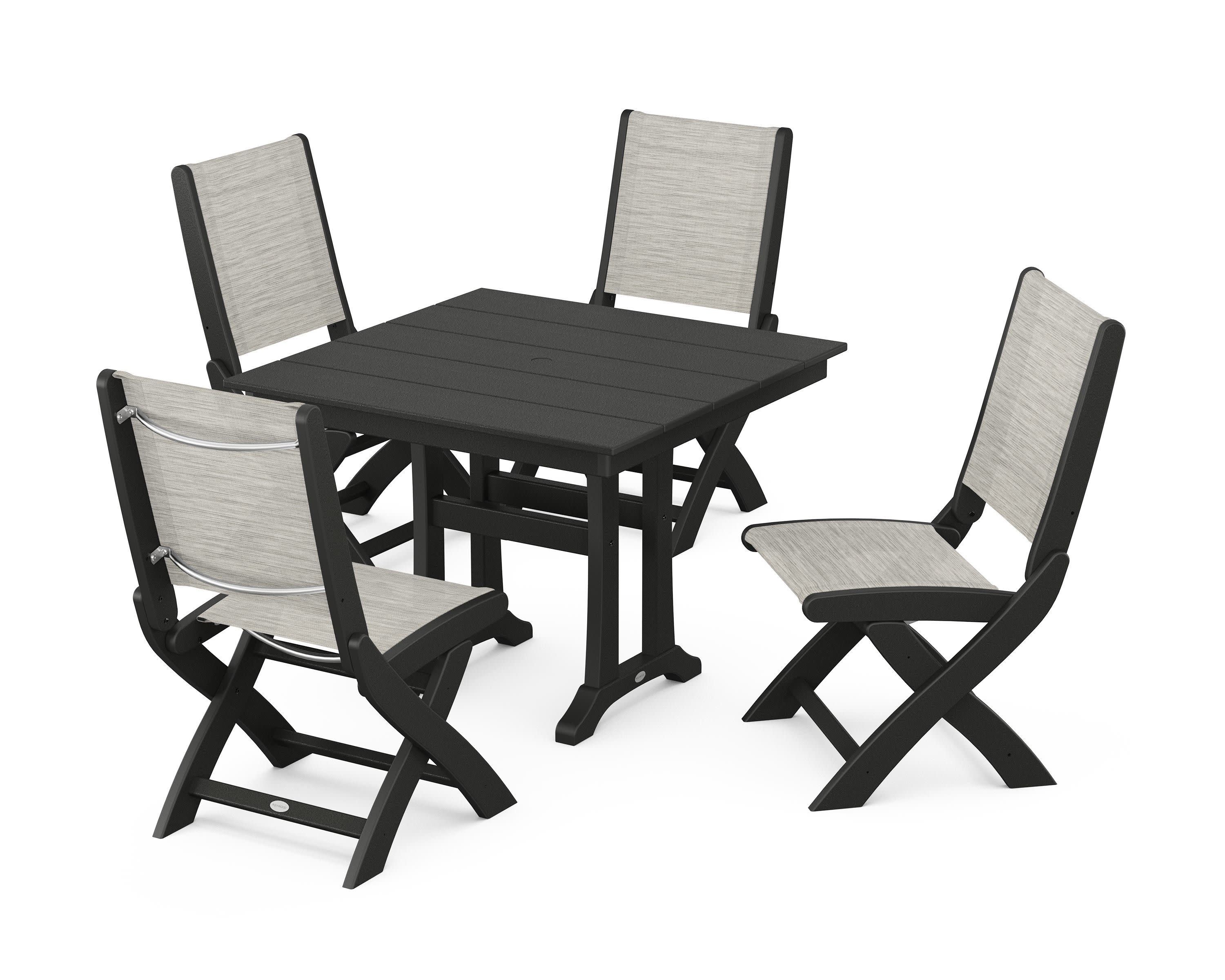 Coastal Folding Side Chair 5-Piece Farmhouse Dining Set With Trestle Legs in Black / Birch Sling