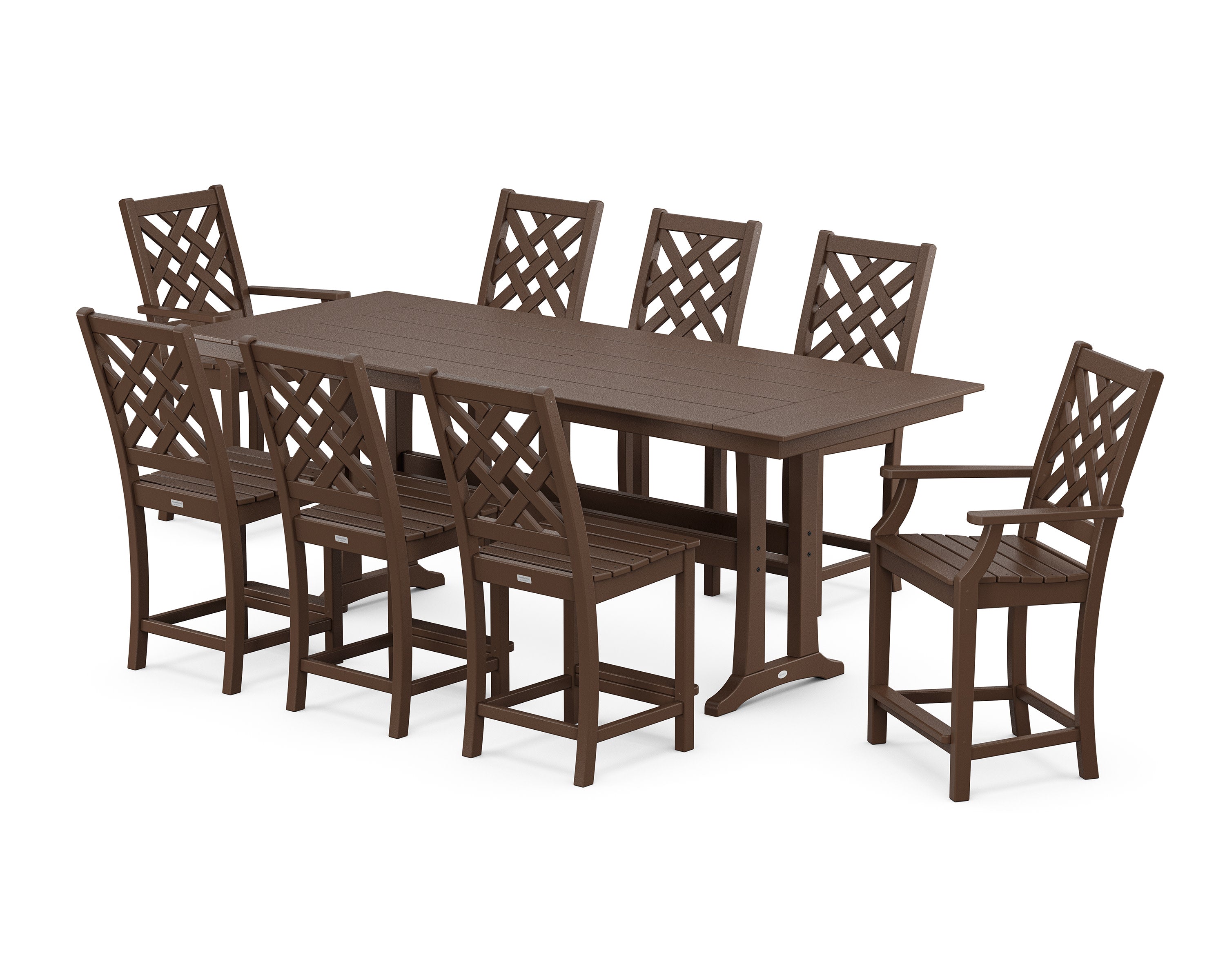 Wovendale 9-Piece Farmhouse Counter Set with Trestle Legs in Mahogany