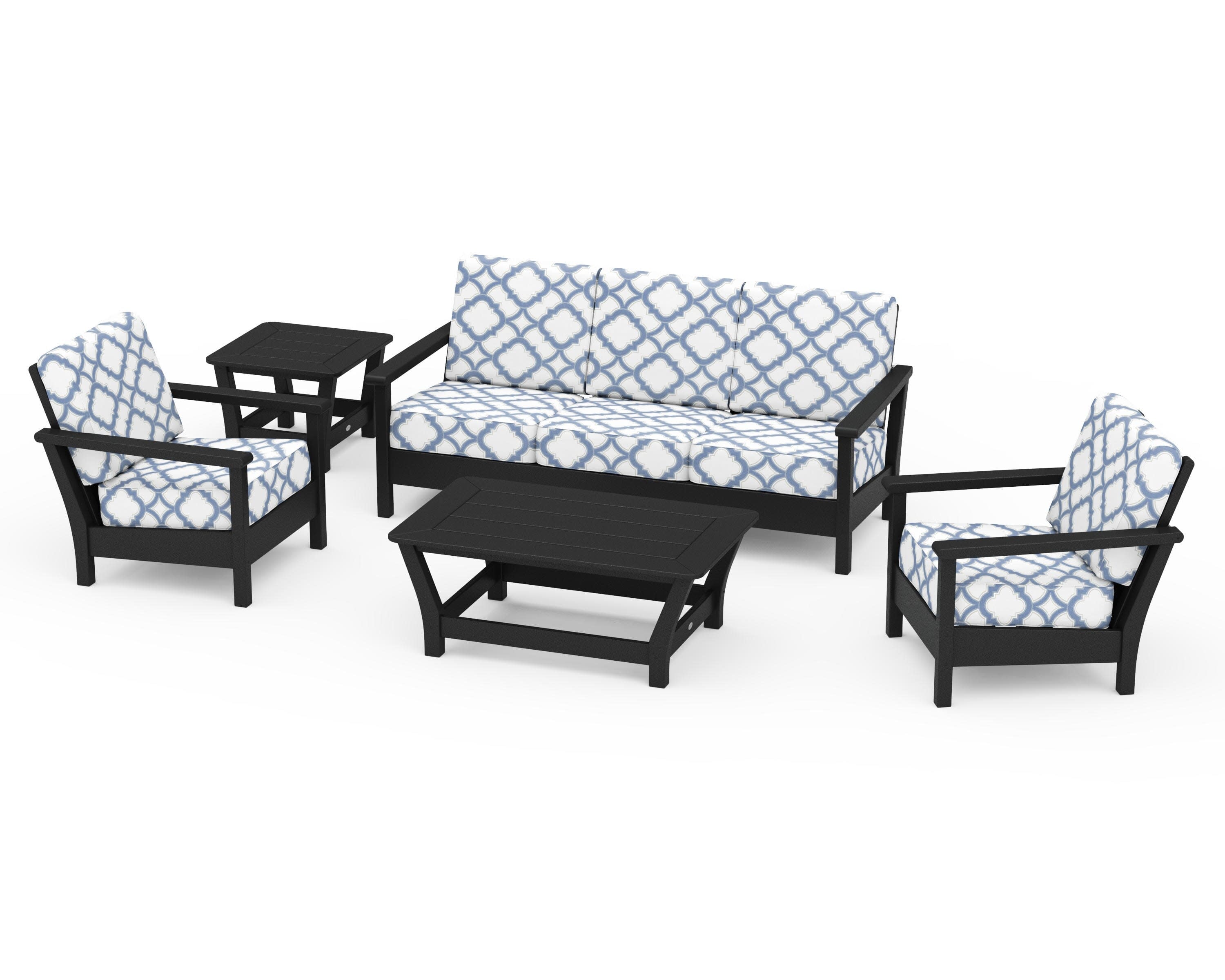 Harbour 5-Piece Deep Seating Set in Black / Trellis Sky Blue