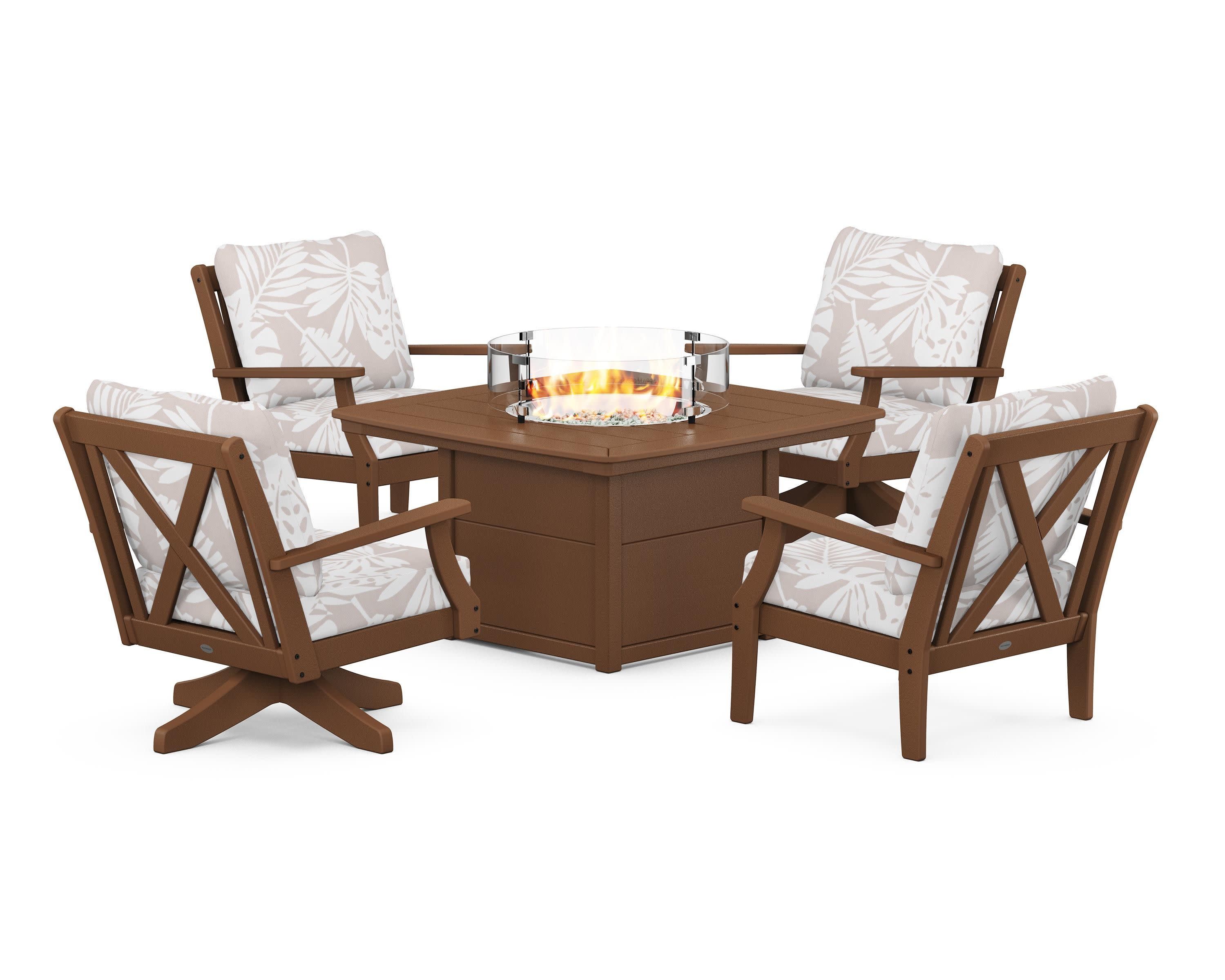 Braxton 5-Piece Deep Seating Set with Fire Table in Teak / Leaf Dune Burlap