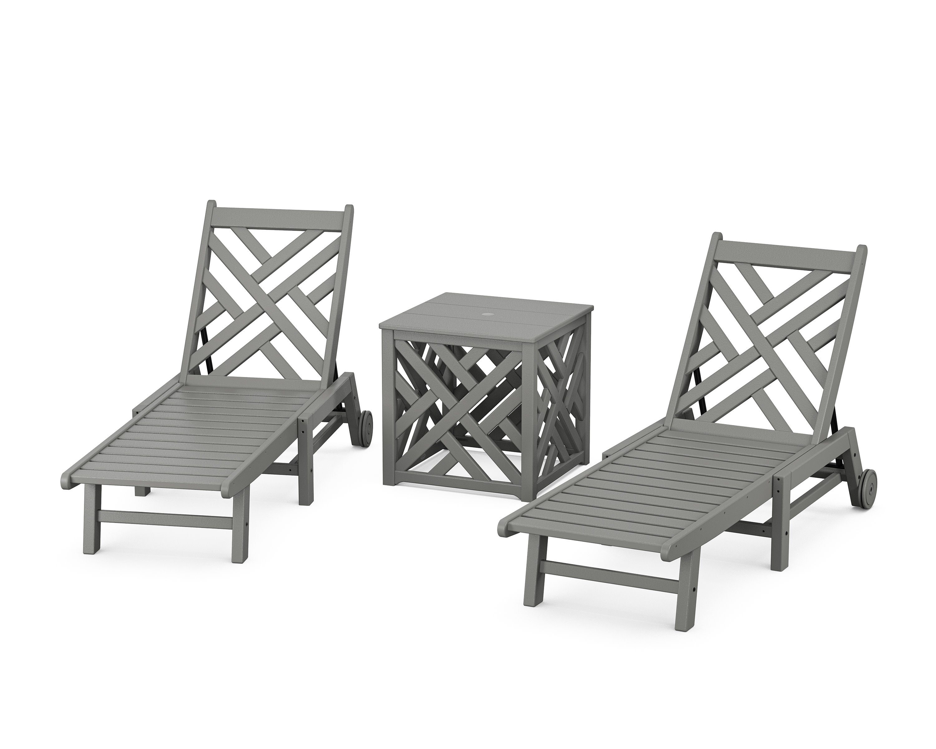 Chippendale 3-Piece Chaise Set with Wheels and Umbrella Stand Accent Table in Slate Grey