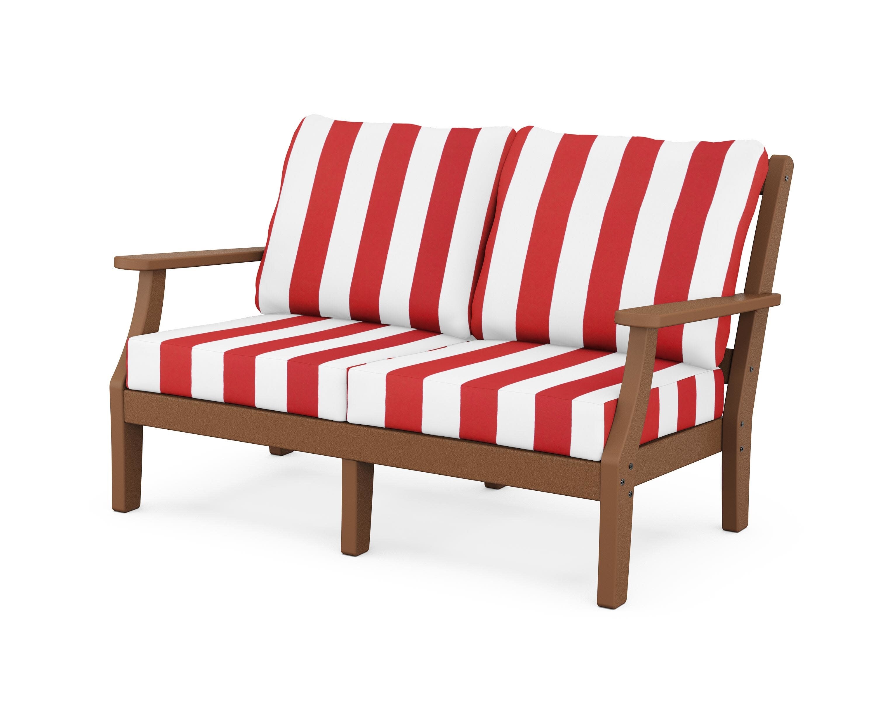 Chinoiserie Deep Seating Loveseat in Teak / Cabana Stripe Crimson