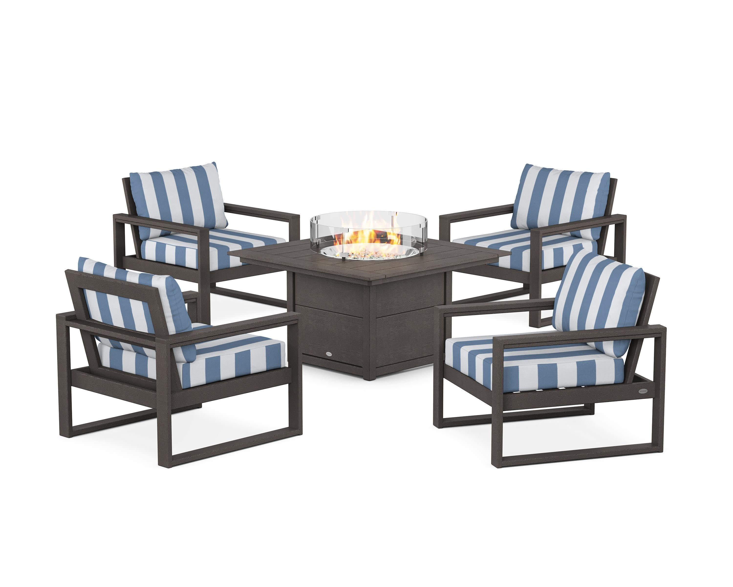 EDGE Sectional 5-Piece Deep Seating Set with Fire Pit Table in Vintage Coffee / Cabana Stripe Sky Blue