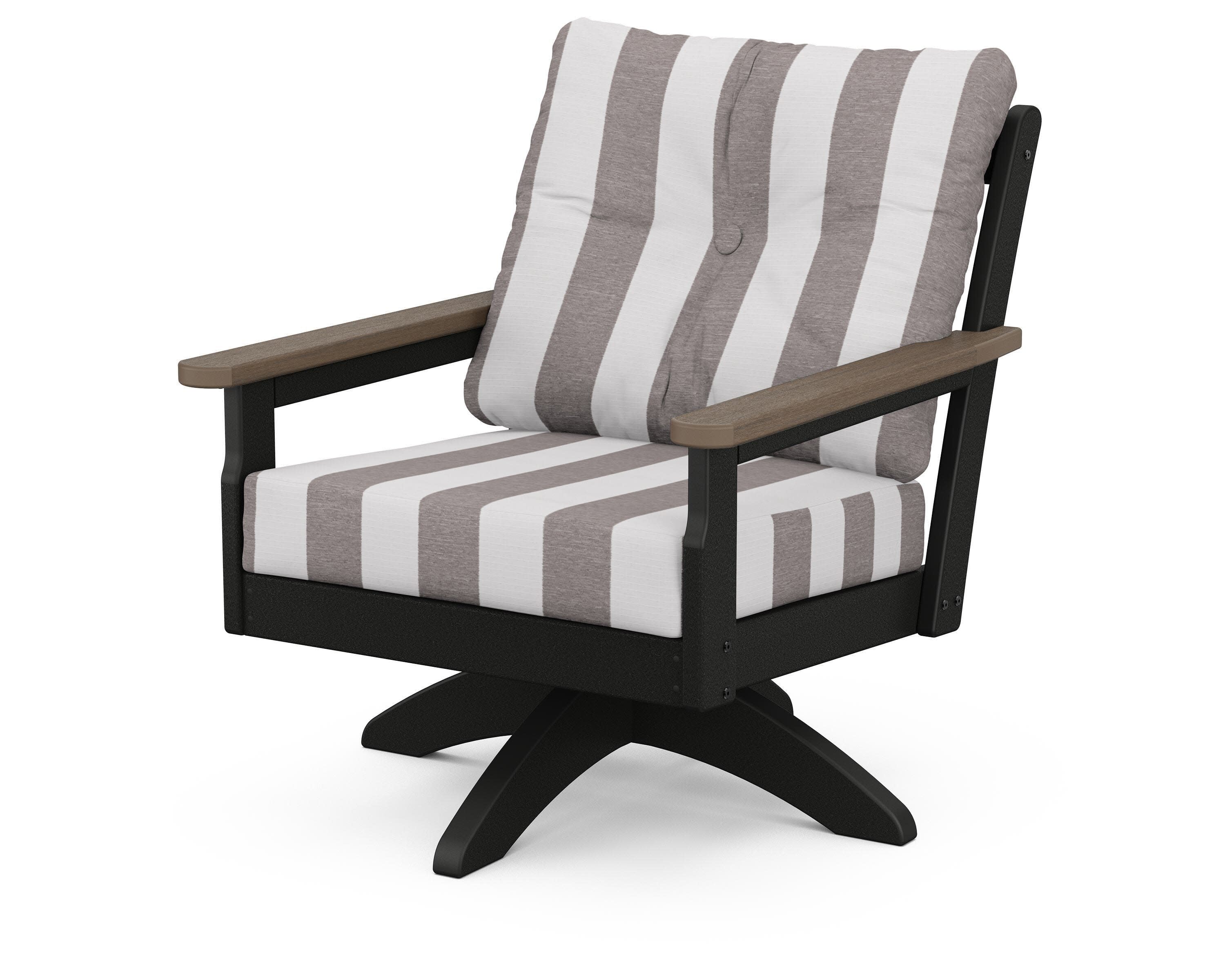 Vineyard Deep Seating Swivel Chair in Black / Kona / Cabana Stripe Grey Mist