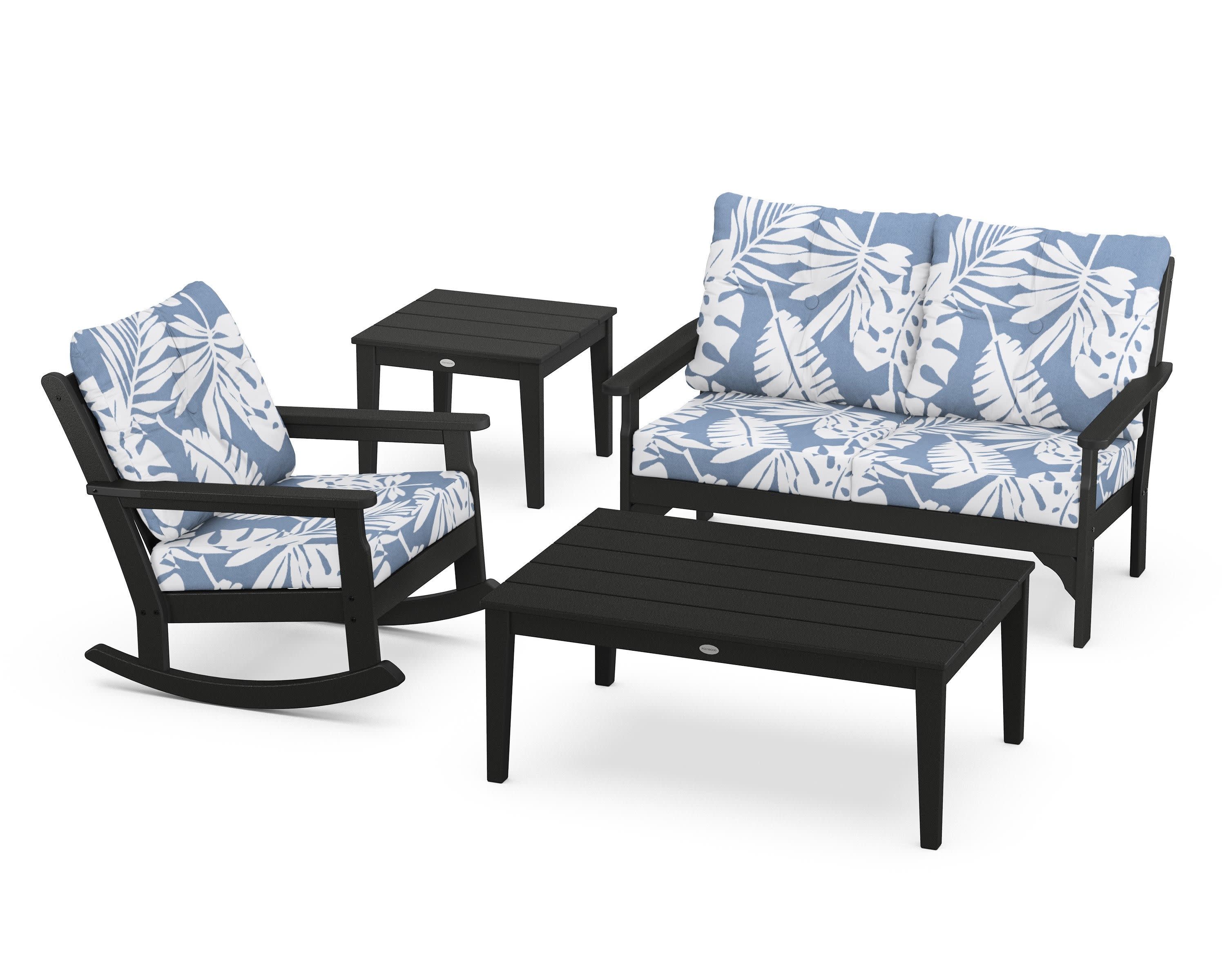 Vineyard 4-Piece Deep Seating Rocker Set in Black / Leaf Sky Blue