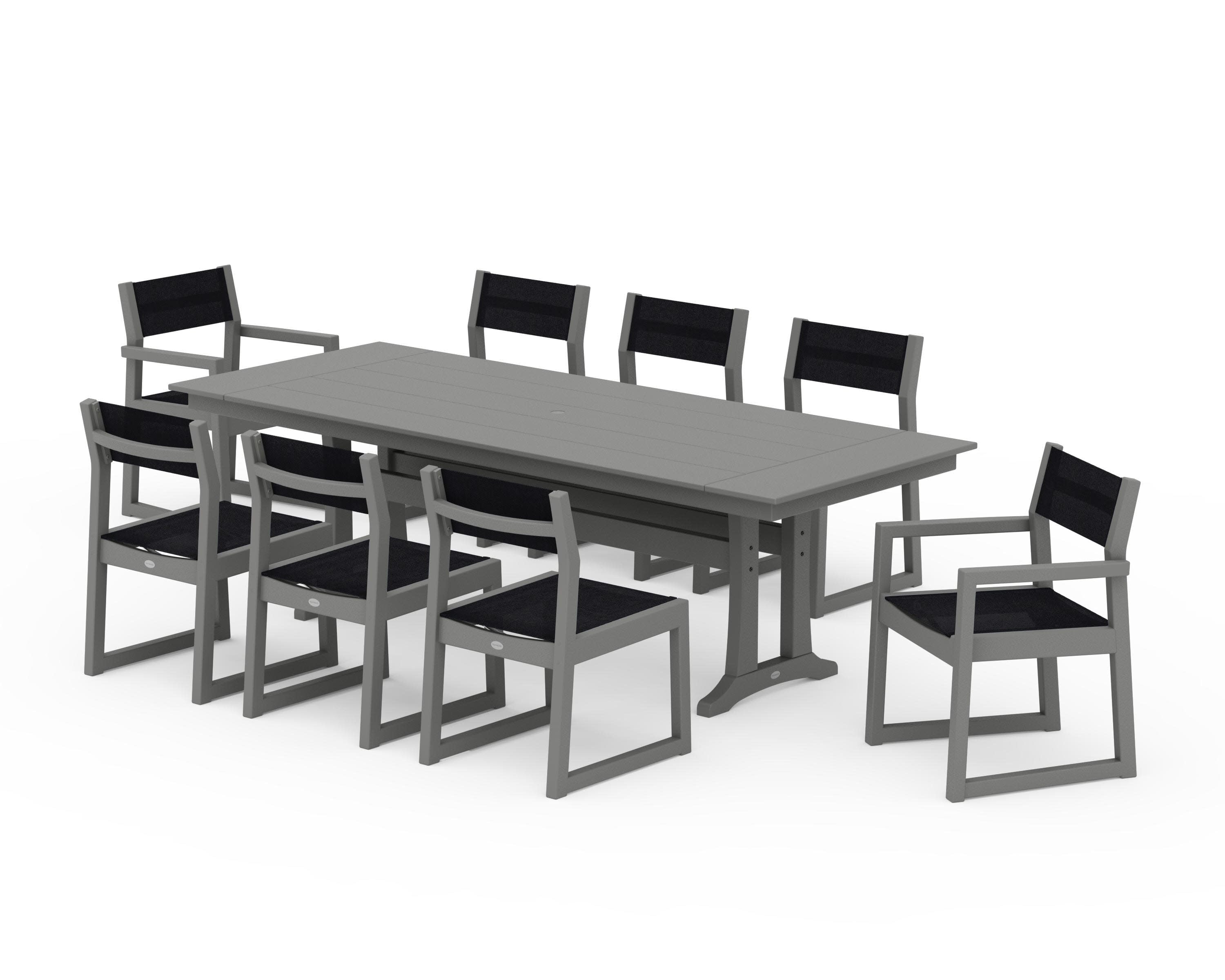 EDGE Sling 9-Piece Farmhouse Trestle Dining Set in Slate Grey / Black Sling