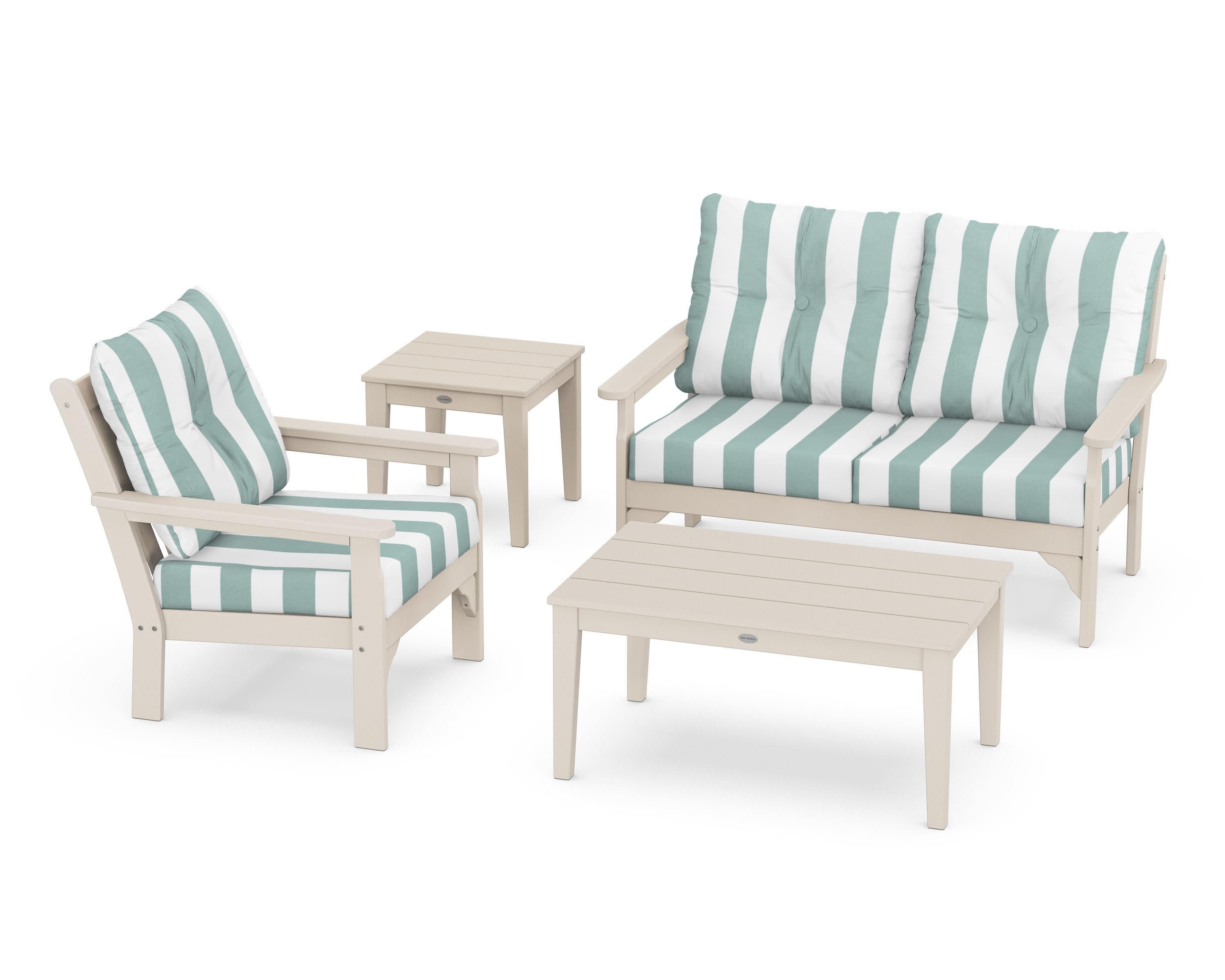 Vineyard 4-Piece Deep Seating Set in Sand / Cabana Stripe Glacier Spa