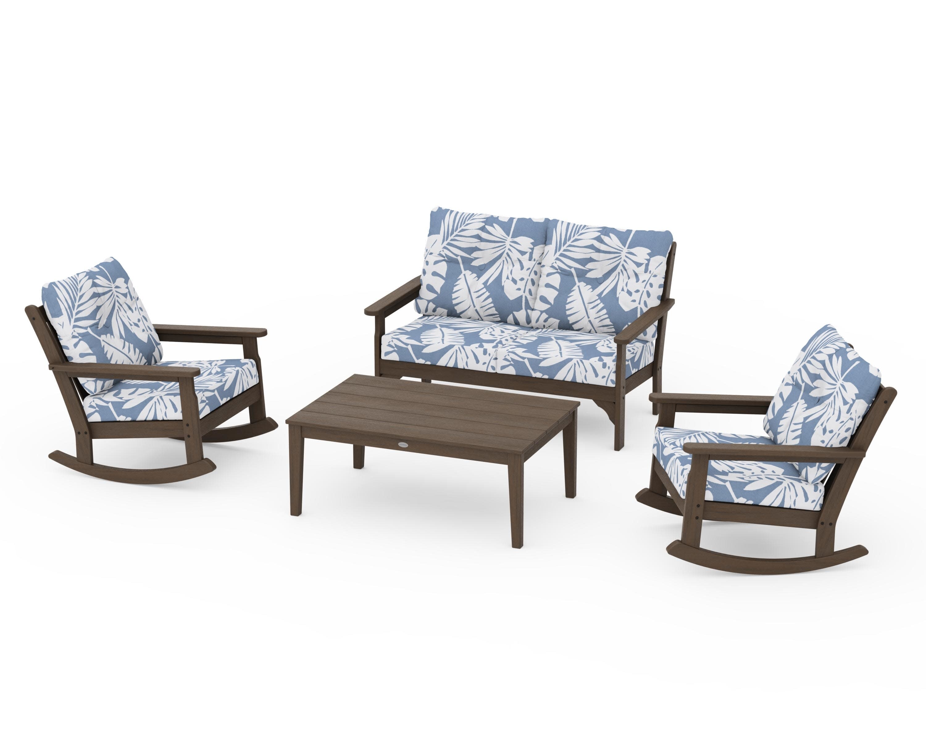 Vineyard 4-Piece Deep Seating Rocking Chair Set in Kona / Leaf Sky Blue