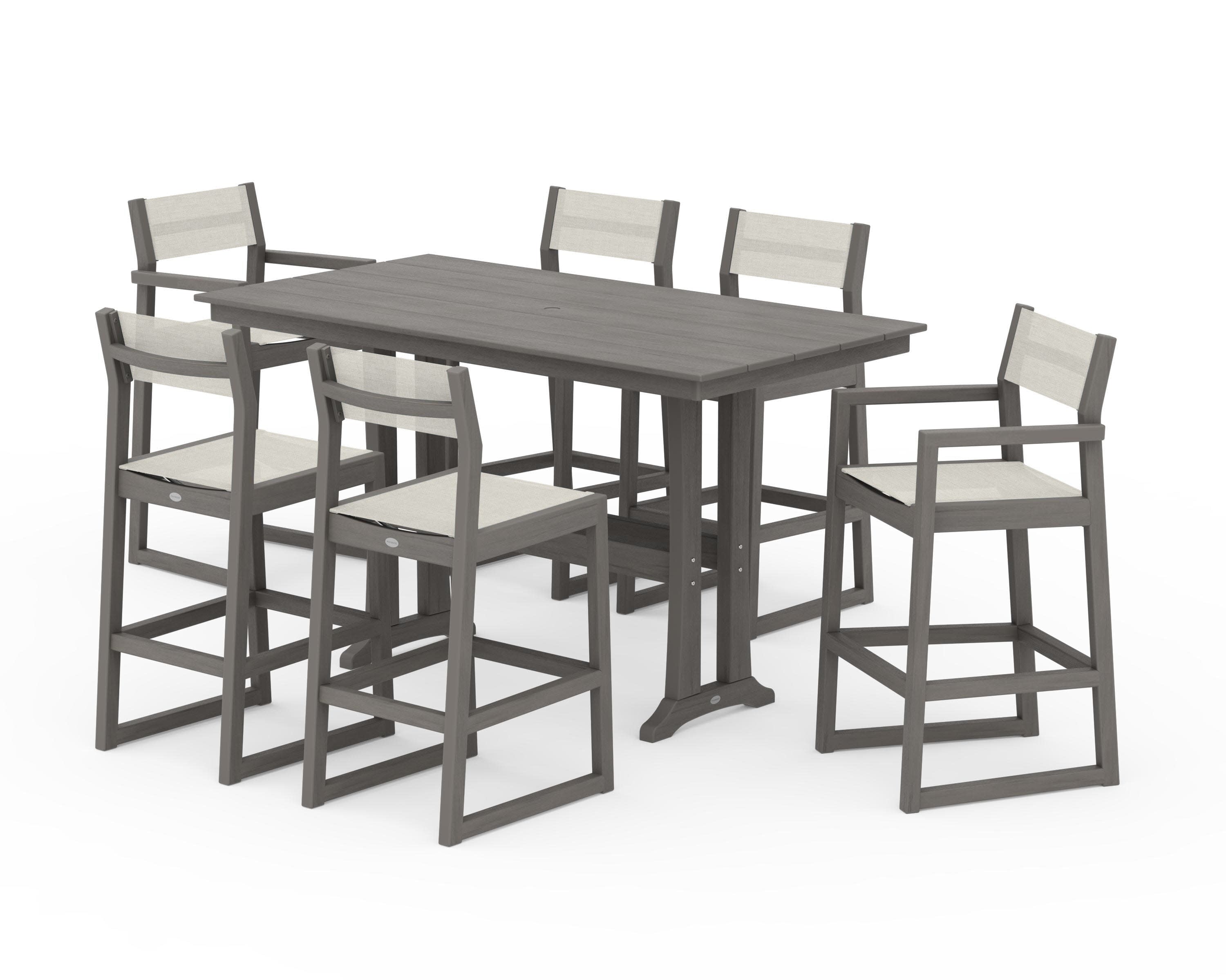 EDGE Sling 7-Piece Farmhouse Bar Set with Trestle Legs in Driftwood / Parchment Sling