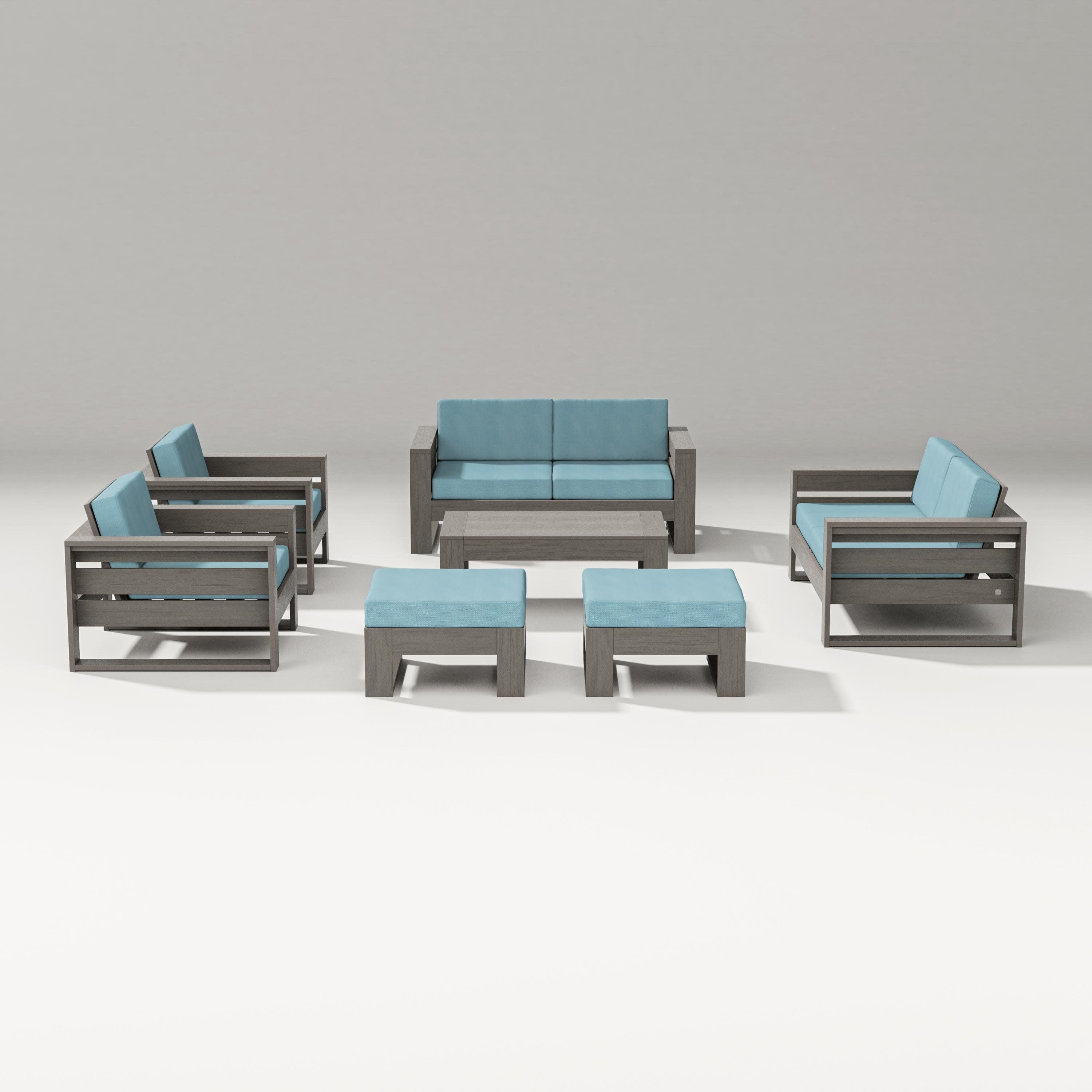 Latitude 7-Piece Lounge Loveseat Set in Driftwood / Lattice Sky Blue