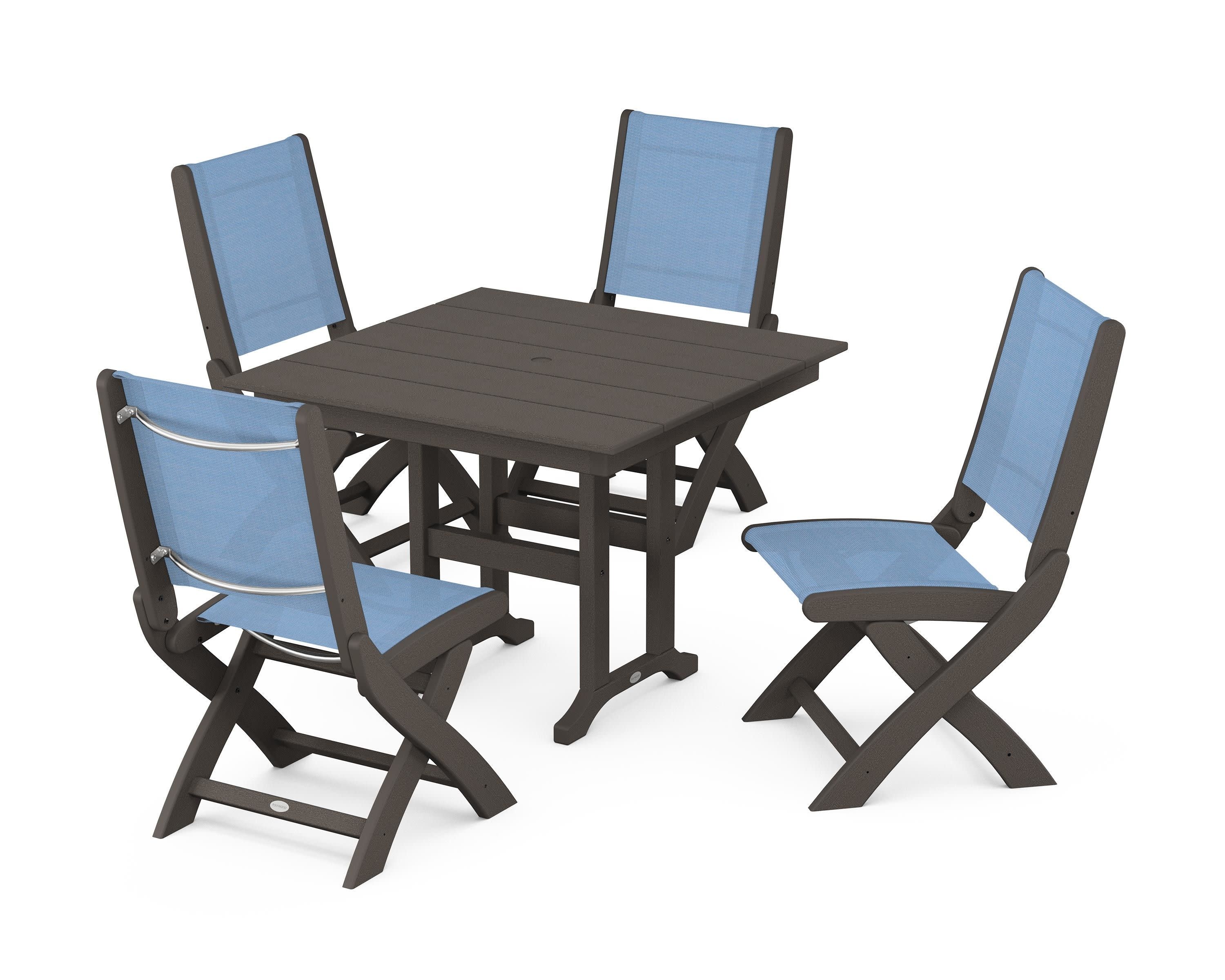 Coastal Folding Side Chair 5-Piece Farmhouse Dining Set in Vintage Coffee / Poolside Sling